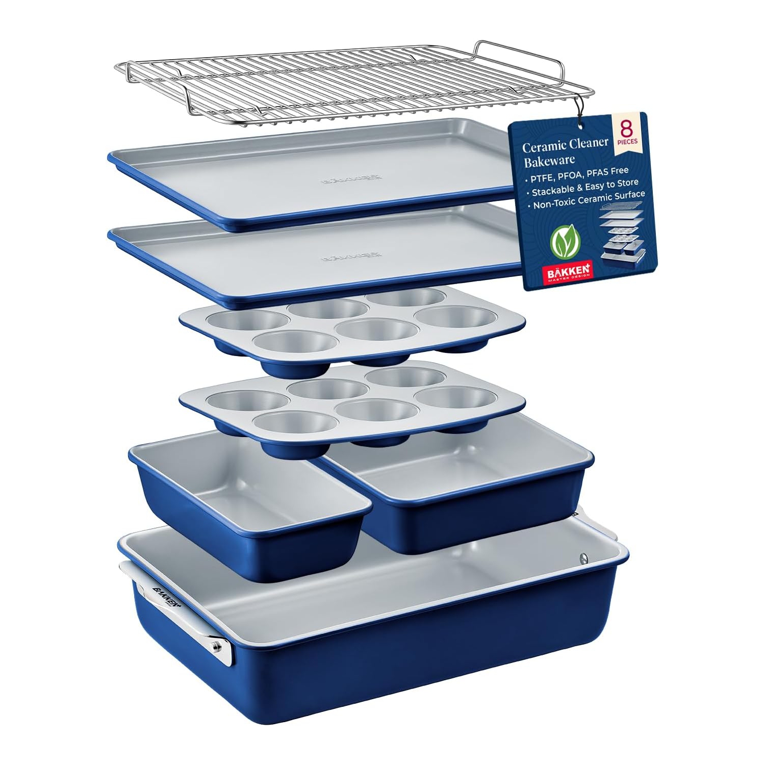 Bakken 8-Piece Stackable Bakeware Set – Non-Toxic Ceramic Coating, PFOA/PTFE-Free, Oven-Safe, Ergonomic Handles, Includes Cooling Rack