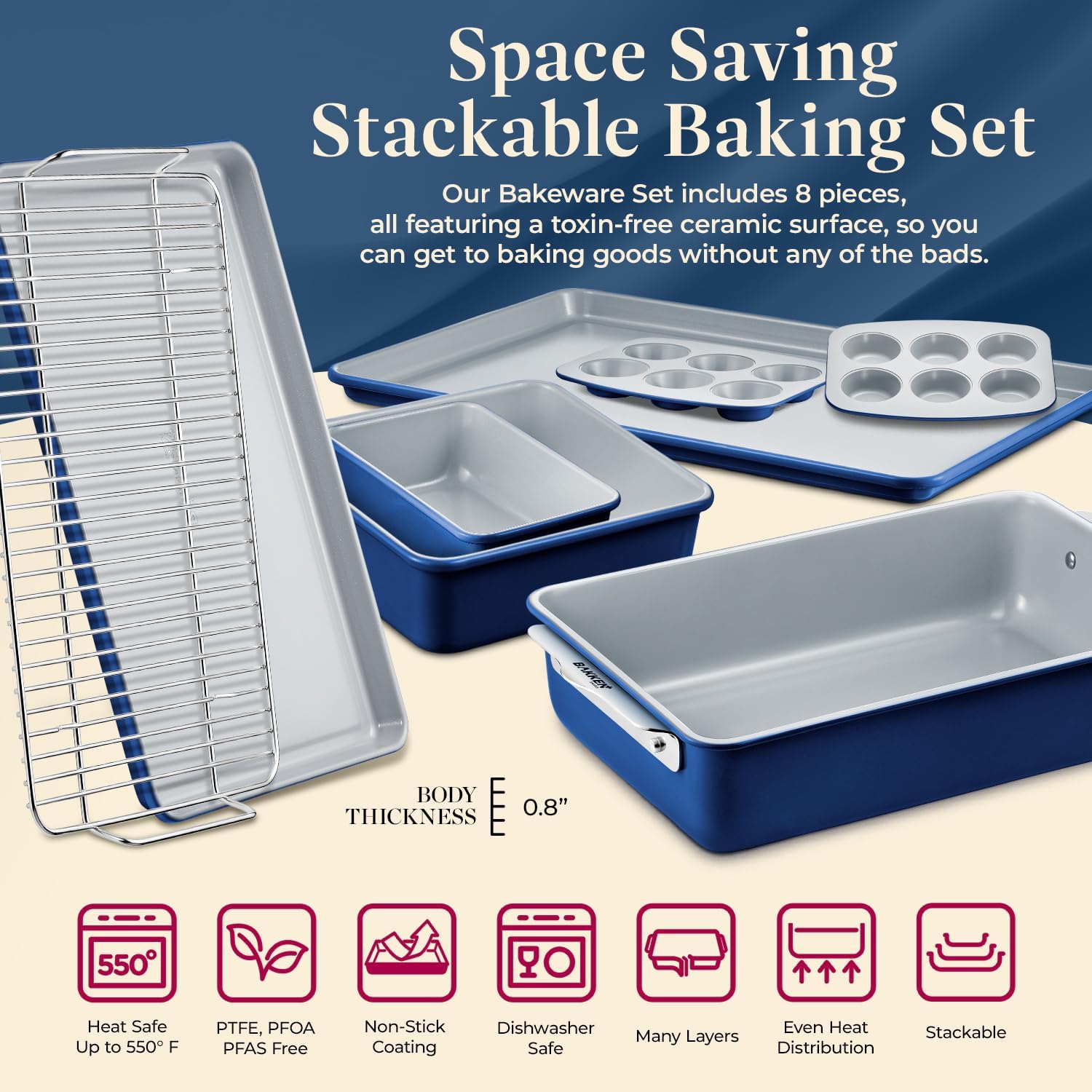 Bakken 8-Piece Stackable Bakeware Set – Non-Toxic Ceramic Coating, PFOA/PTFE-Free, Oven-Safe, Ergonomic Handles, Includes Cooling Rack