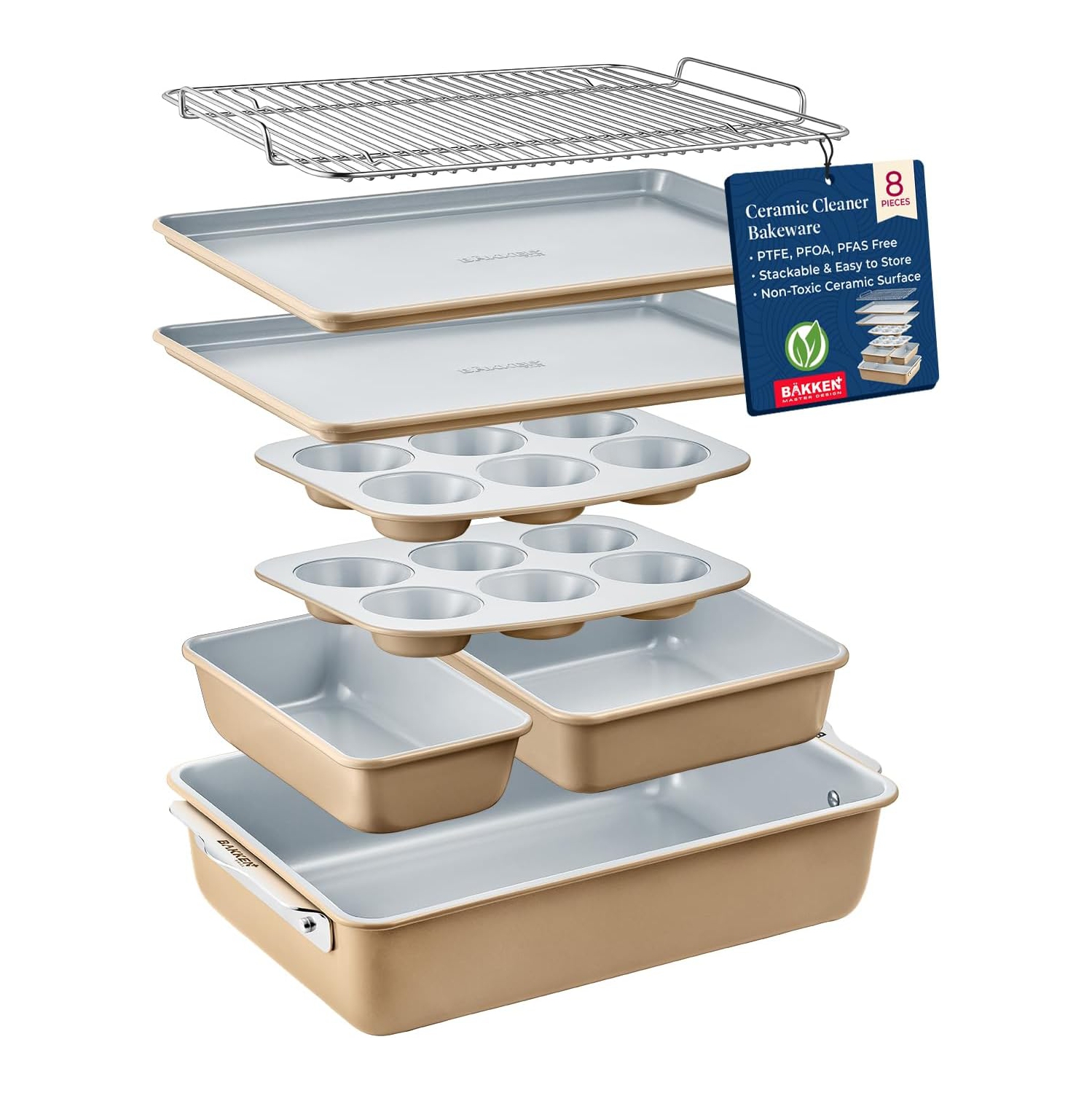 Bakken 8-Piece Stackable Bakeware Set – Non-Toxic Ceramic Coating, PFOA/PTFE-Free, Oven-Safe, Ergonomic Handles, Includes Cooling Rack