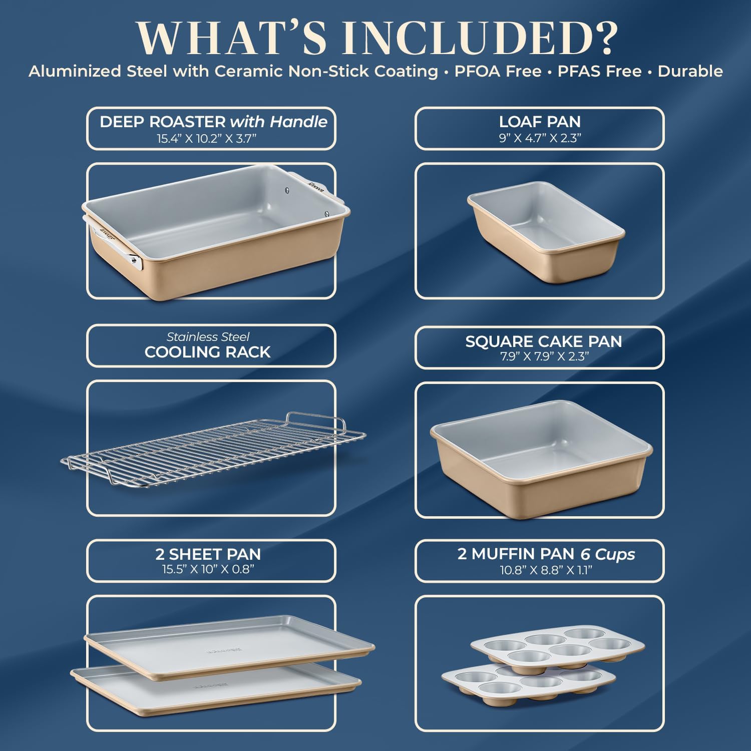 Bakken 8-Piece Stackable Bakeware Set – Non-Toxic Ceramic Coating, PFOA/PTFE-Free, Oven-Safe, Ergonomic Handles, Includes Cooling Rack