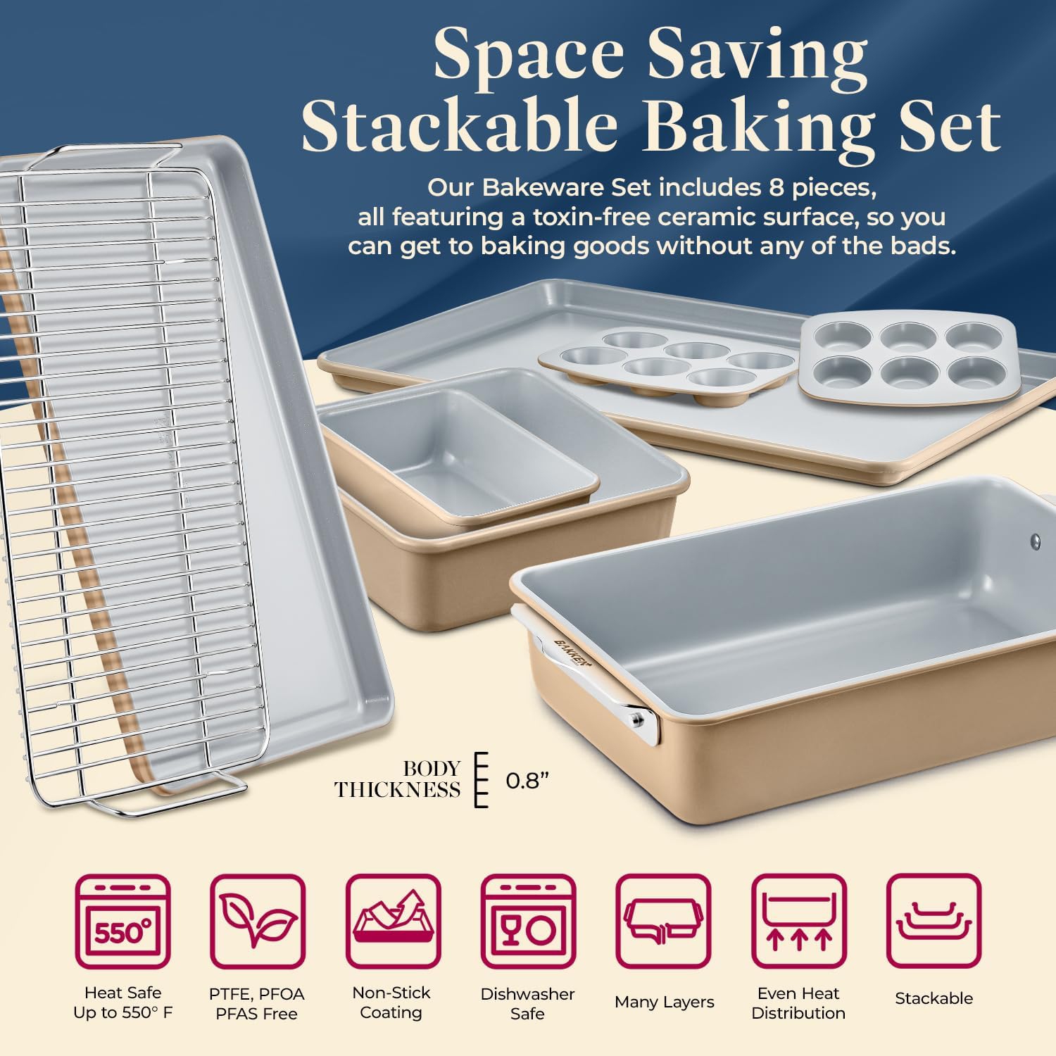 Bakken 8-Piece Stackable Bakeware Set – Non-Toxic Ceramic Coating, PFOA/PTFE-Free, Oven-Safe, Ergonomic Handles, Includes Cooling Rack