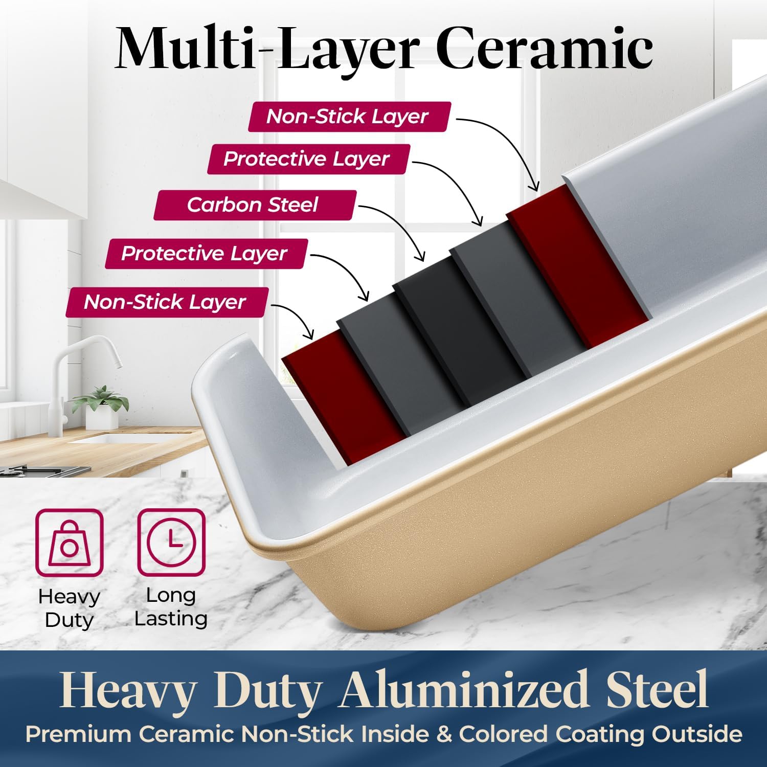 Bakken 8-Piece Stackable Bakeware Set – Non-Toxic Ceramic Coating, PFOA/PTFE-Free, Oven-Safe, Ergonomic Handles, Includes Cooling Rack