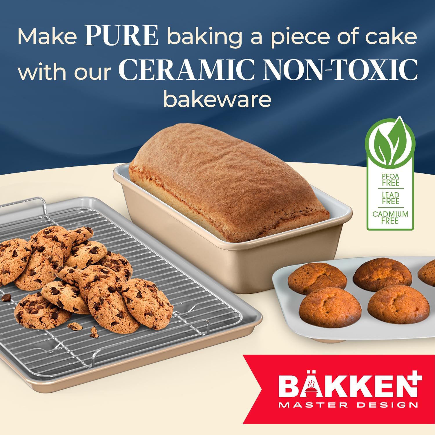 Bakken 8-Piece Stackable Bakeware Set – Non-Toxic Ceramic Coating, PFOA/PTFE-Free, Oven-Safe, Ergonomic Handles, Includes Cooling Rack