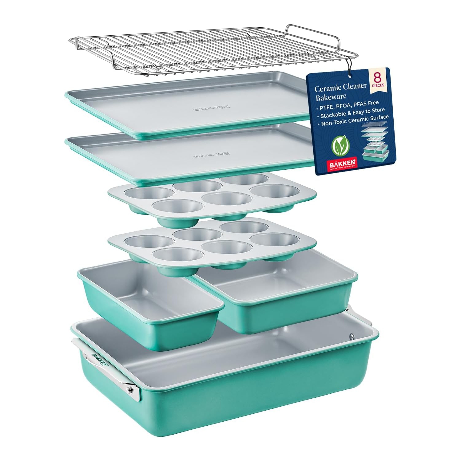 Ensemble de plats de cuisson empilables de 8 pièces de Bakken – Revêtement en céramique non toxique, sans PFOA/PTFE, allant au four, poignées