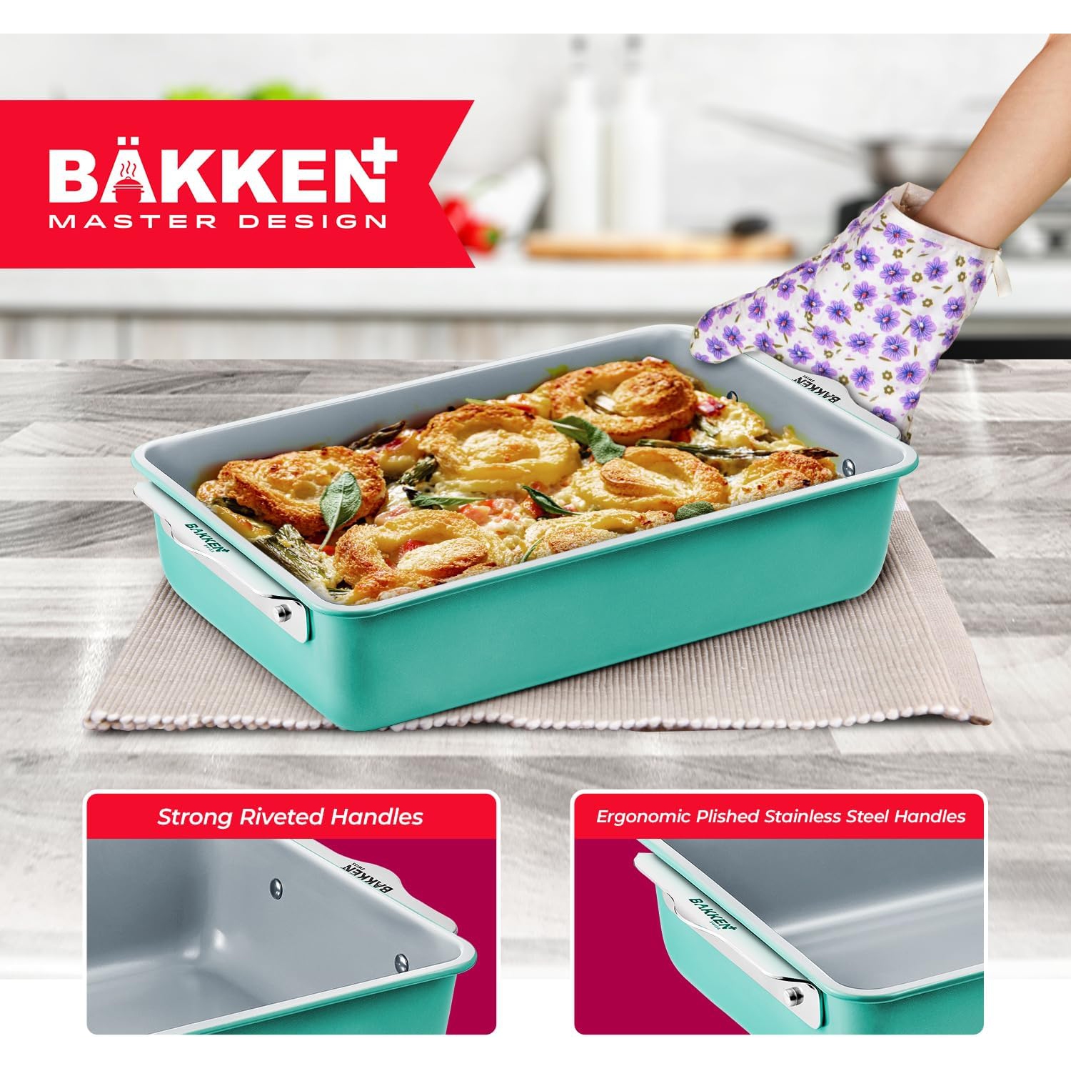Ensemble de plats de cuisson empilables de 8 pièces de Bakken – Revêtement en céramique non toxique, sans PFOA/PTFE, allant au four, poignées