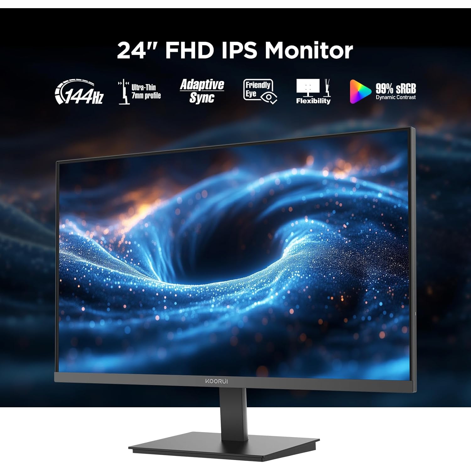 KOORUI E2411K 24" 1920 x 1080 FHD 144Hz Gaming Monitor, IPS Panel, Adaptive Sync, 5ms, VESA 100x100mm, Eye Care, HDMI, VGA