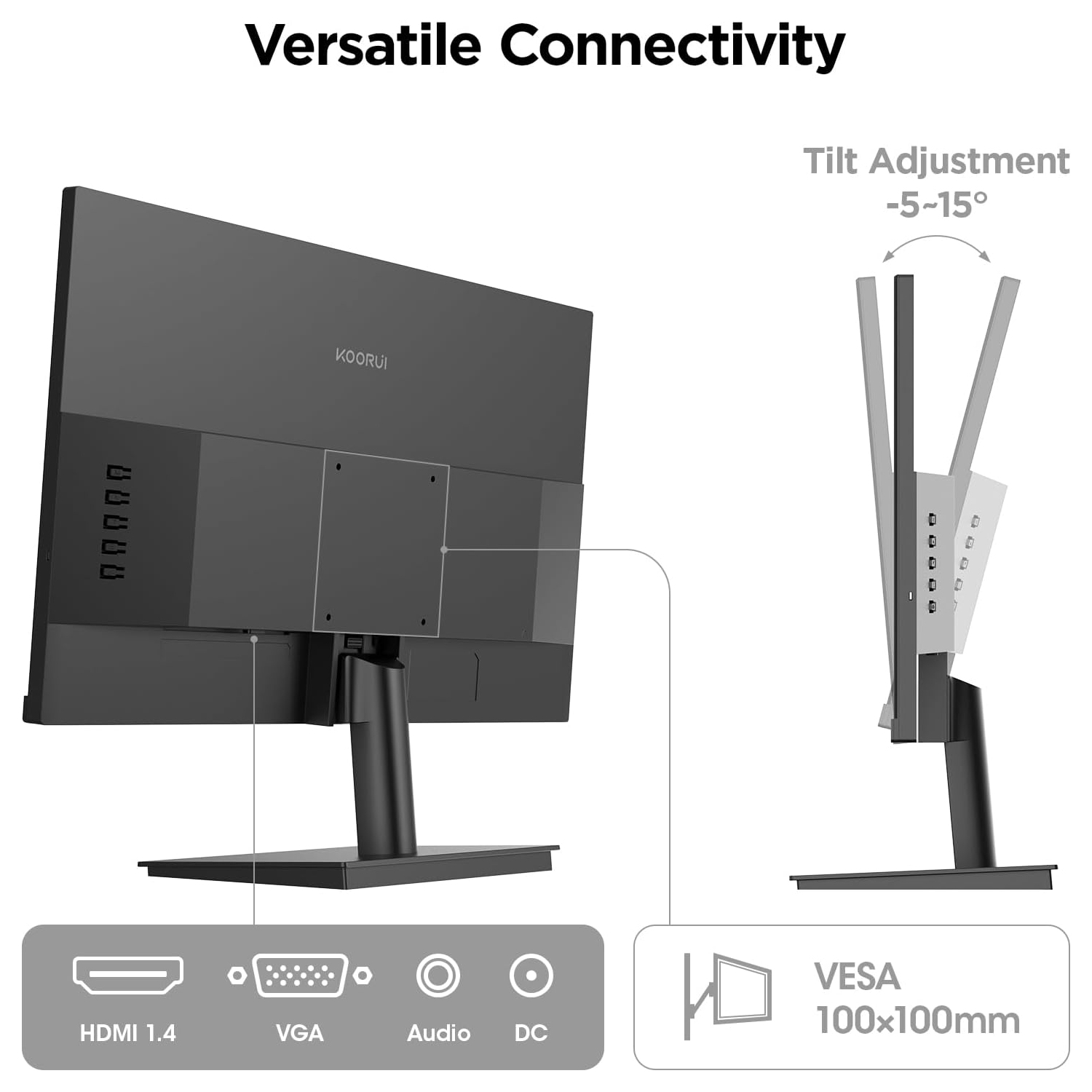 KOORUI E2411K 24" 1920 x 1080 FHD 144Hz Gaming Monitor, IPS Panel, Adaptive Sync, 5ms, VESA 100x100mm, Eye Care, HDMI, VGA