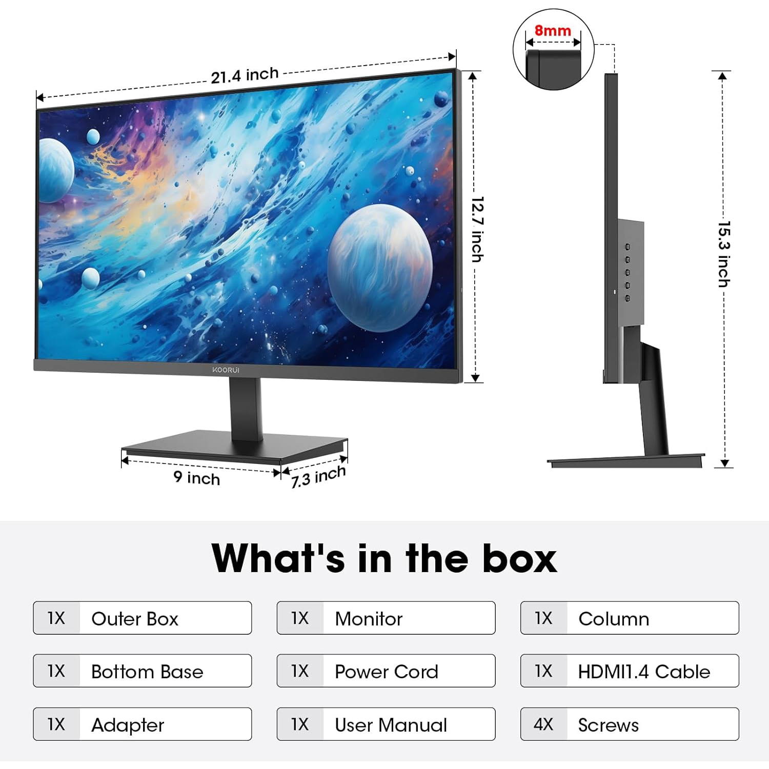KOORUI E2411K 24" 1920 x 1080 FHD 144Hz Gaming Monitor, IPS Panel, Adaptive Sync, 5ms, VESA 100x100mm, Eye Care, HDMI, VGA