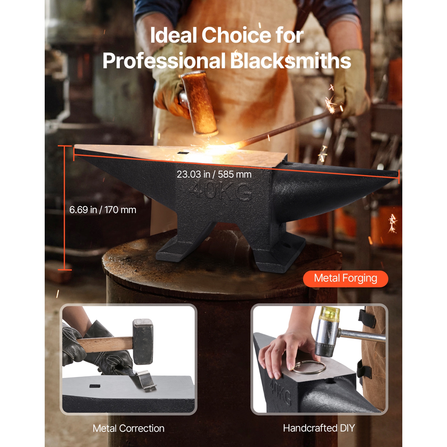 VEVOR 86 Lbs Cast Iron Anvil, Single Horn Anvil with Large Countertop and Stable Base, High Hardness Rugged Round Horn Anvil Blacksmith, for Bending,