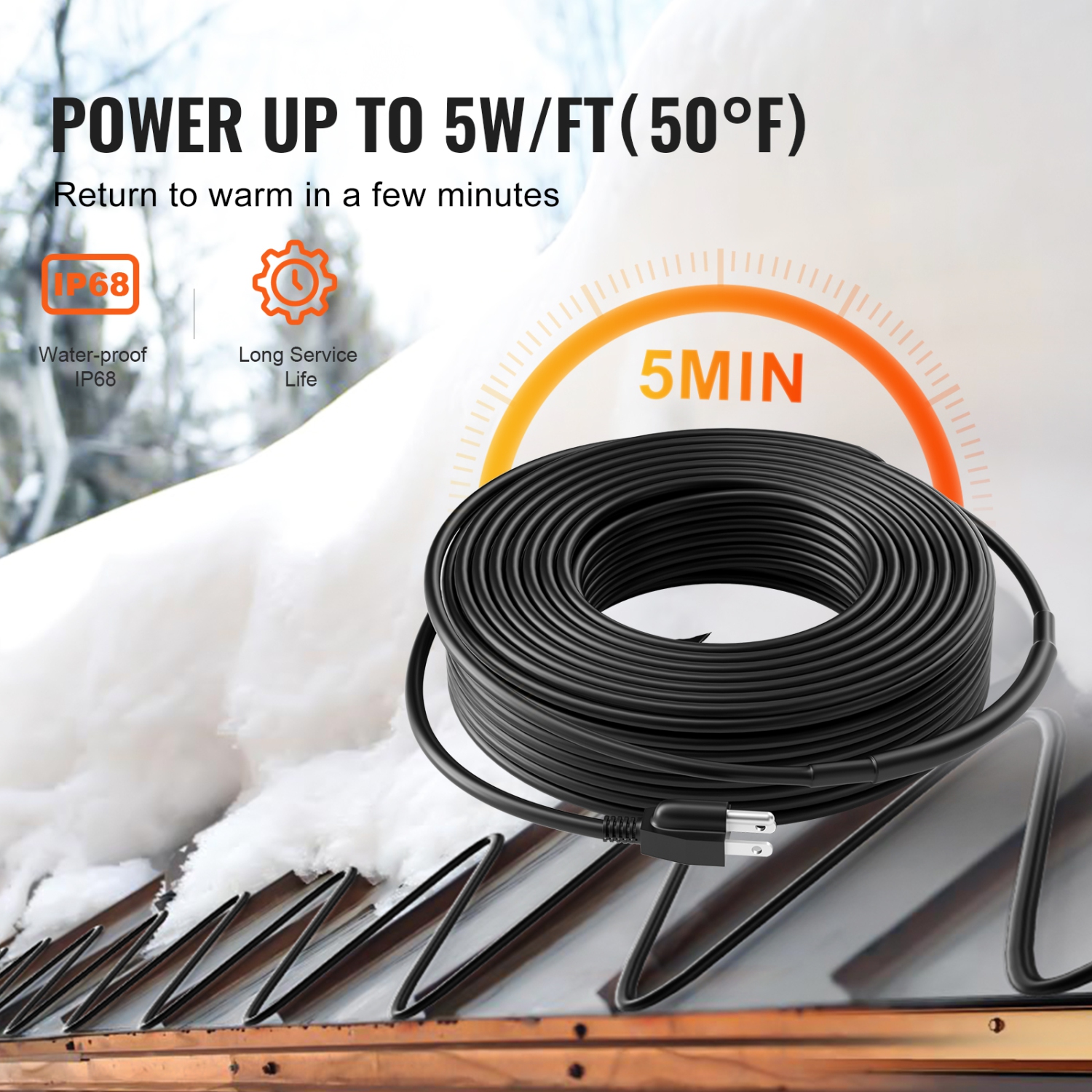 VEVOR 120FT 5W/FT Self-Regulating Pipe Heating Cable, Heat Tape for Pipes, Roof Snow Melting De-icing, Gutter and Pipe Freeze Protection