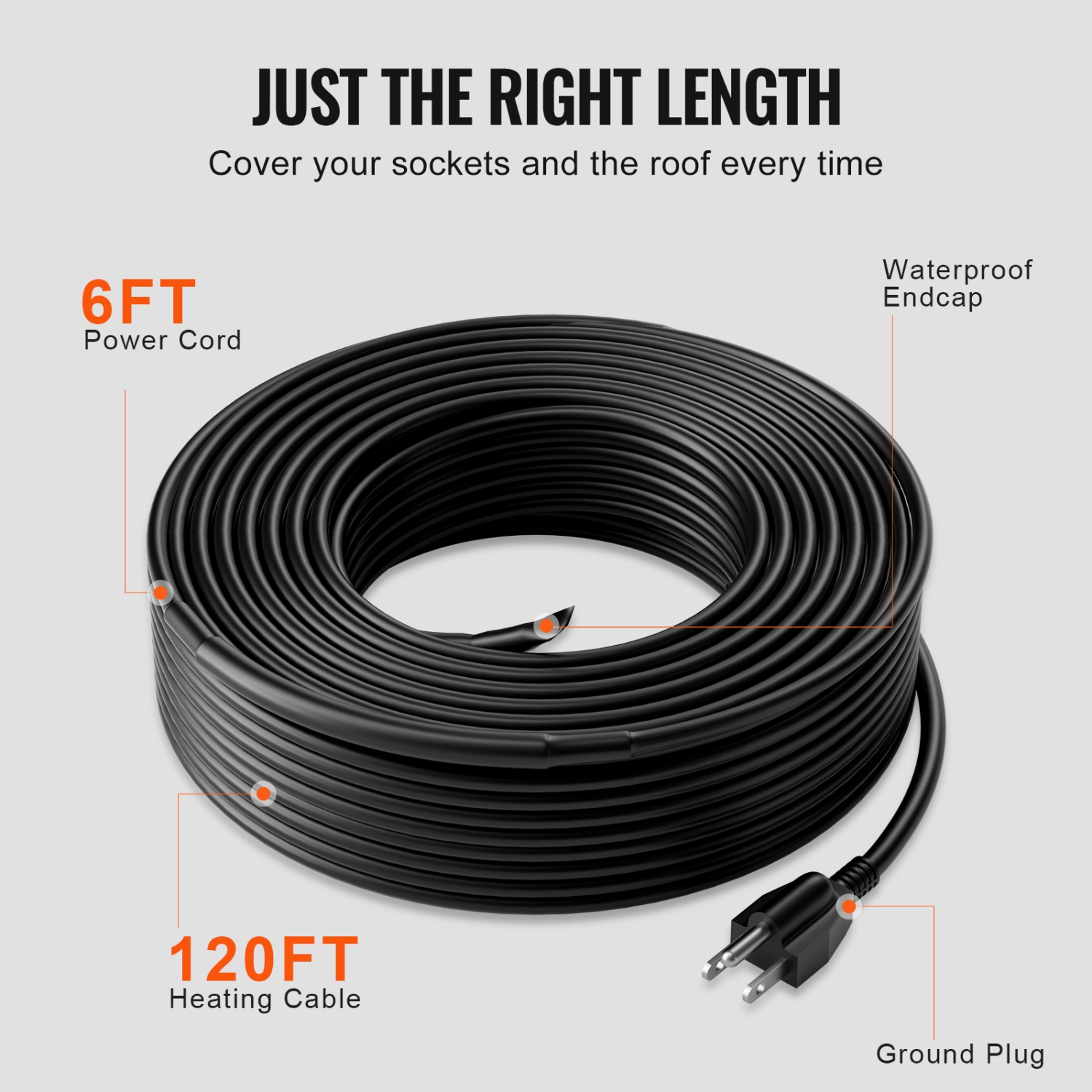 VEVOR 120FT 5W/FT Self-Regulating Pipe Heating Cable, Heat Tape for Pipes, Roof Snow Melting De-icing, Gutter and Pipe Freeze Protection