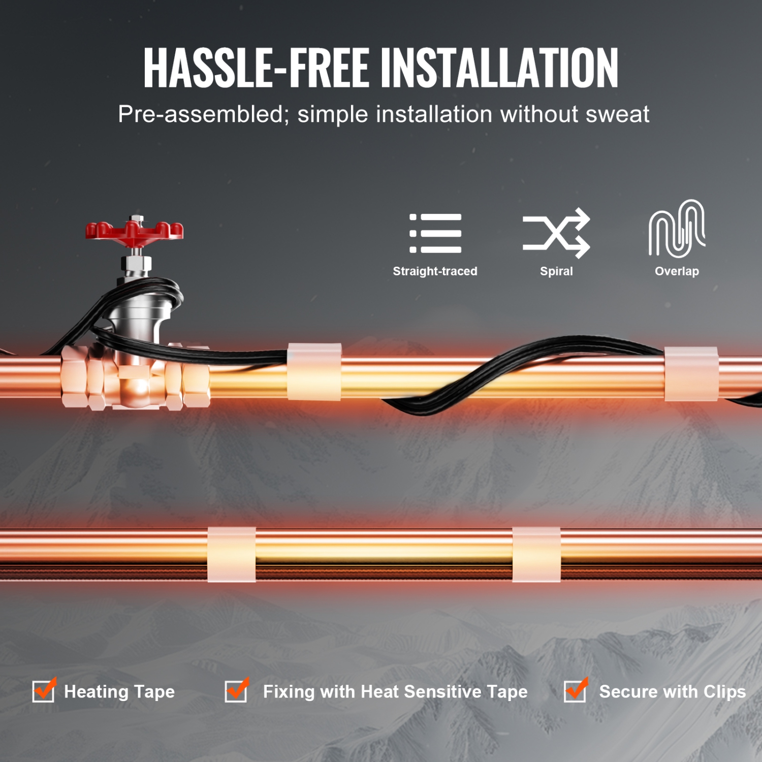 VEVOR 120FT 5W/FT Self-Regulating Pipe Heating Cable, Heat Tape for Pipes, Roof Snow Melting De-icing, Gutter and Pipe Freeze Protection