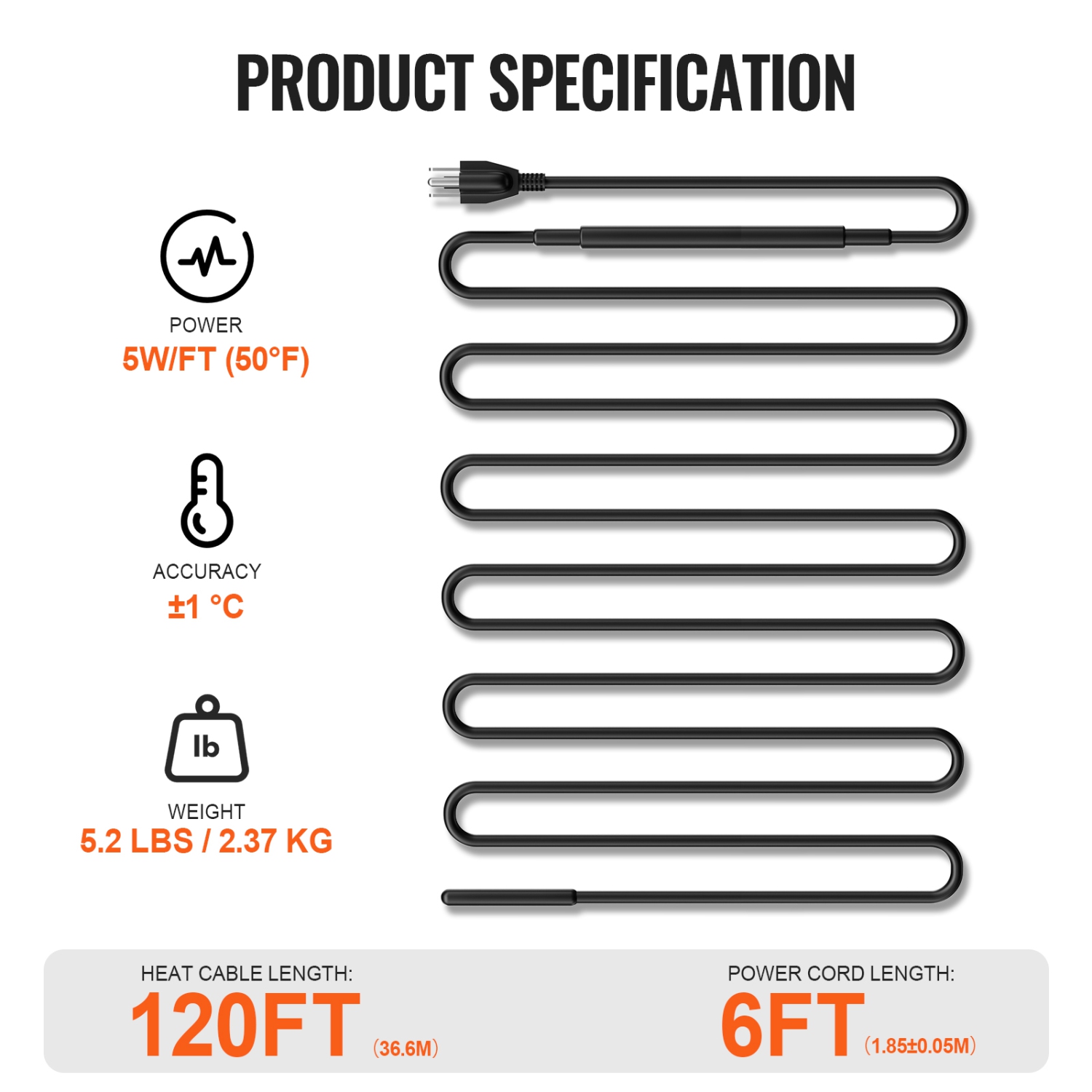 VEVOR 120FT 5W/FT Self-Regulating Pipe Heating Cable, Heat Tape for Pipes, Roof Snow Melting De-icing, Gutter and Pipe Freeze Protection