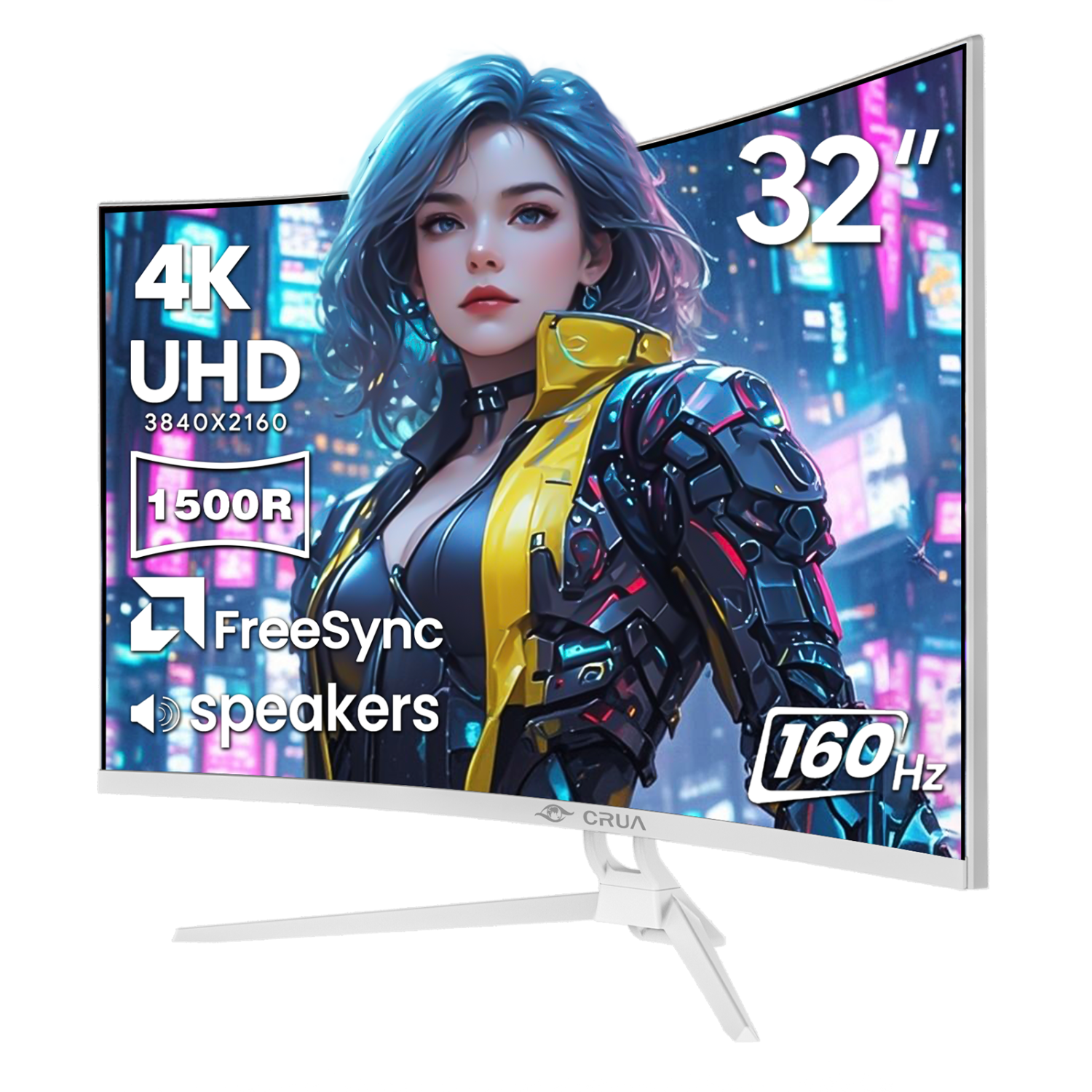 CRUA 32" 4K UHD 160Hz Curved Gaming Monitor, 1500R, VA Panel, 120% sRGB, FreeSync, HDMI 2.1 & DP 1.4, Built-in Speakers, RGB Lighting, Wall