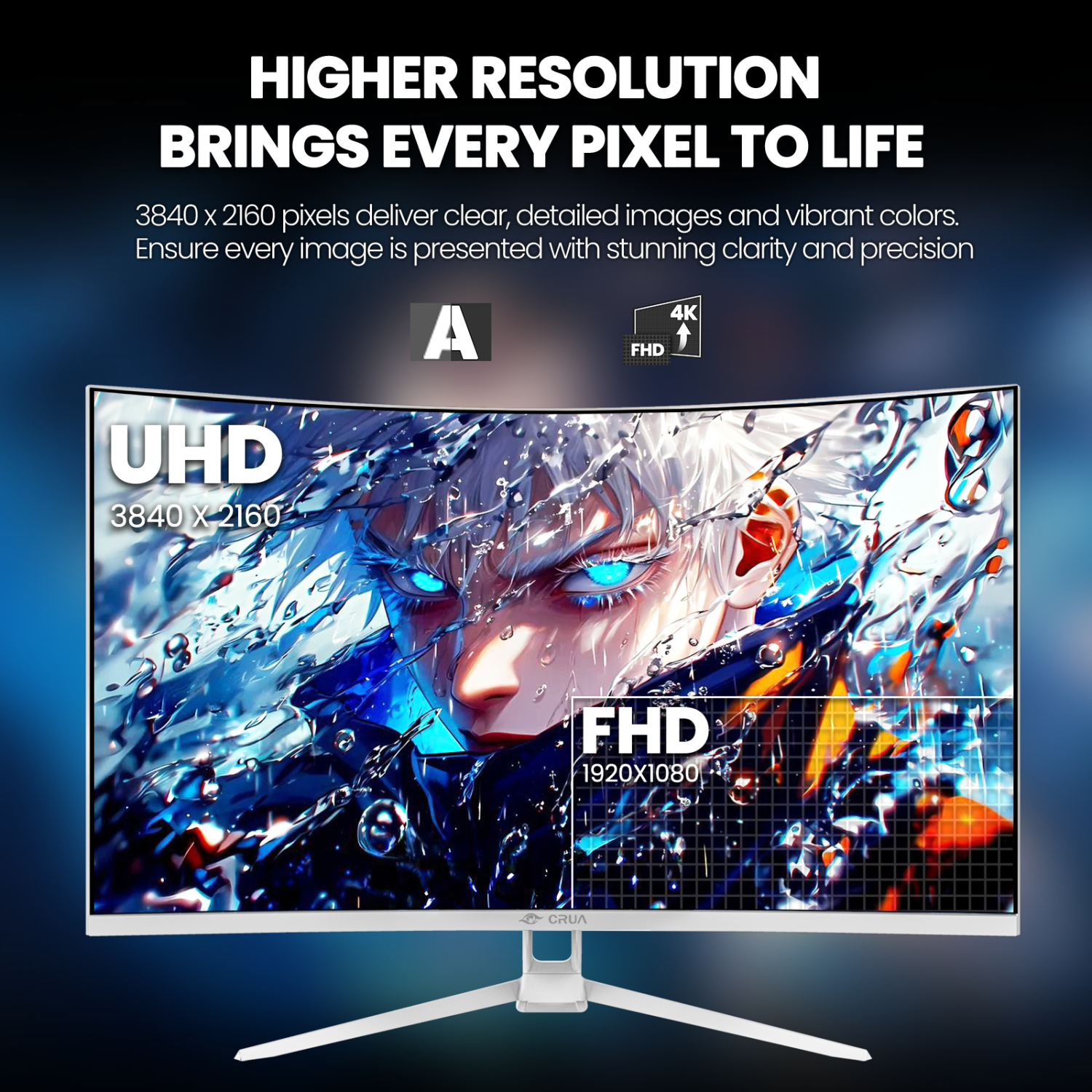 CRUA 32" 4K UHD 160Hz Curved Gaming Monitor, 1500R, VA Panel, 120% sRGB, FreeSync, HDMI 2.1 & DP 1.4, Built-in Speakers, RGB Lighting, Wall