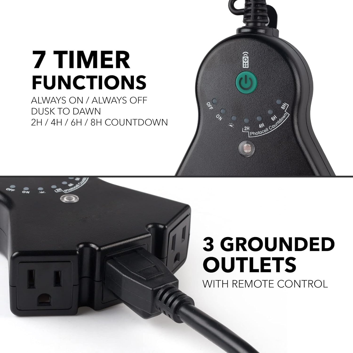 24-Hour Water Resistant Photoelectric Countdown Timer Photocell Light Sensor 3 Grounded Outlets Remote Control (100 ft Range) for Home and Garde