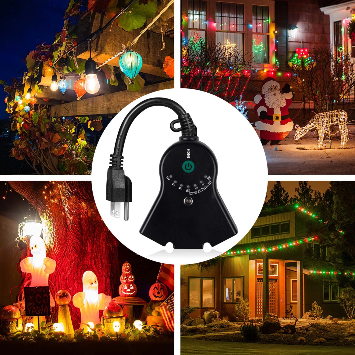 24-Hour Water Resistant Photoelectric Countdown Timer Photocell Light Sensor 3 Grounded Outlets Remote Control (100 ft Range) for Home and Garde