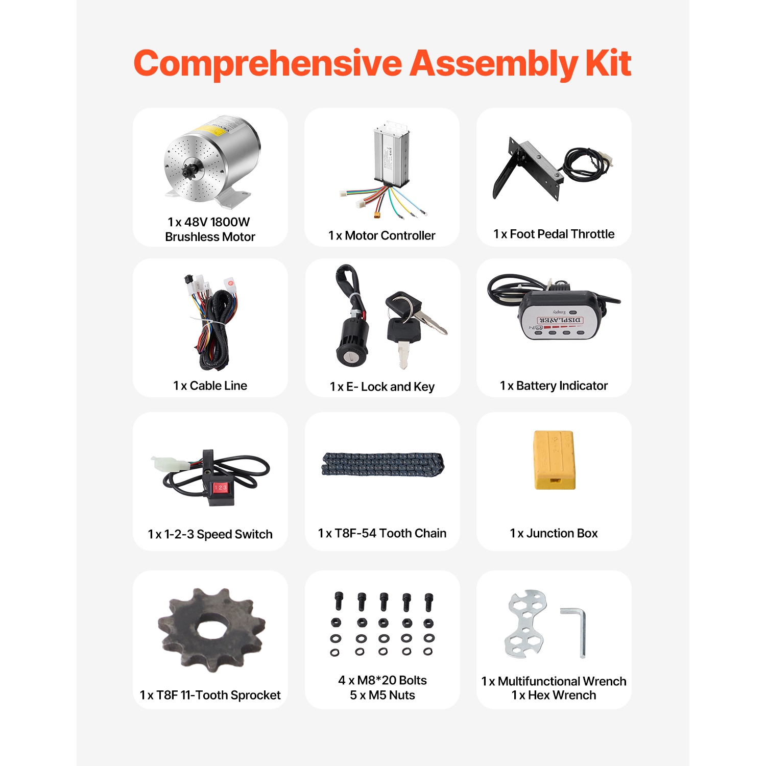 VEVOR 1800W Electric Brushless DC Motor Kit - 48V 4500rpm Motor with Upgraded Speed Controller, Foot Pedal and Throttle Grip Kit for Go Karts E-Bike