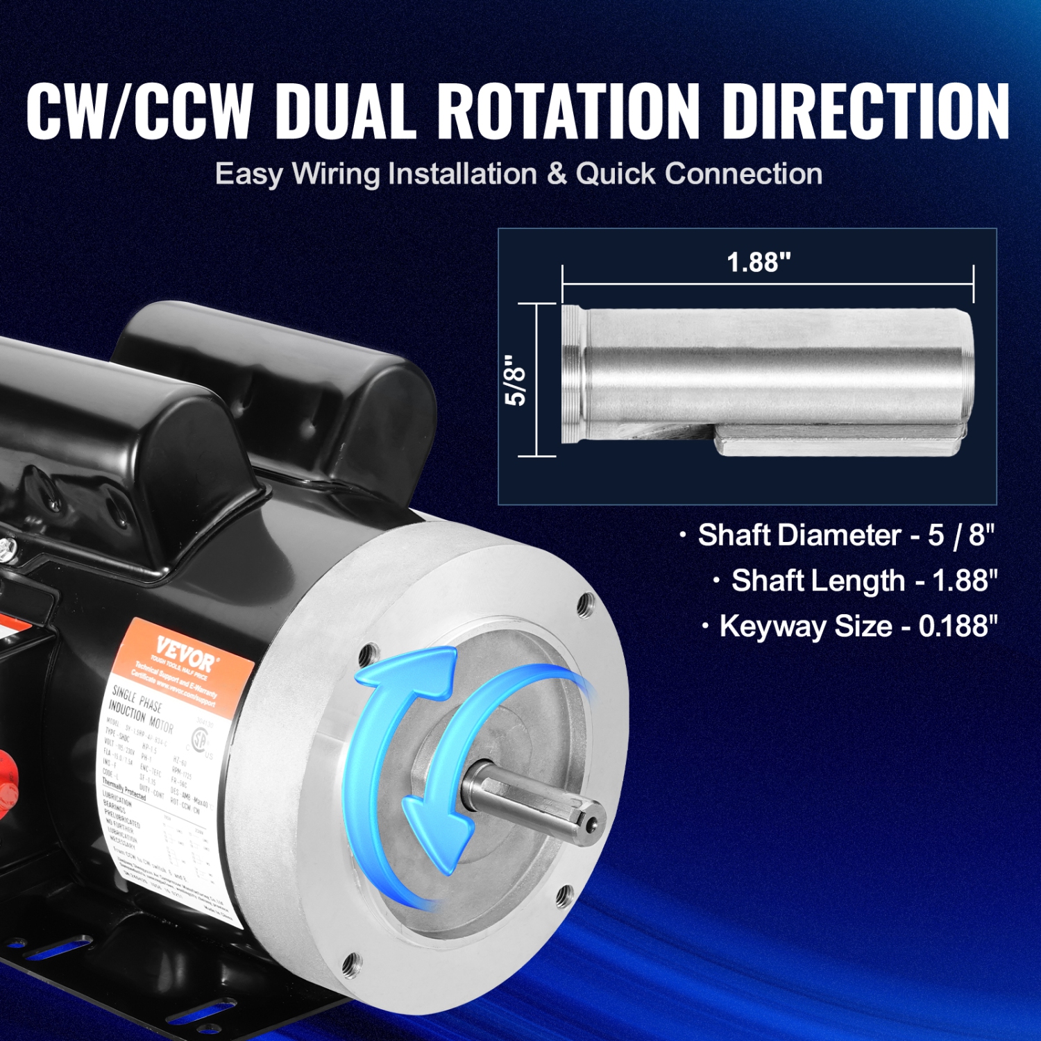 Moteur électrique VEVOR 1,5&nbsp;HP 1725 tr/min, 115&nbsp;V/230&nbsp;V CA, châssis 56C, moteur monophasé du compresseur d'air, arbre à clé 5/8,