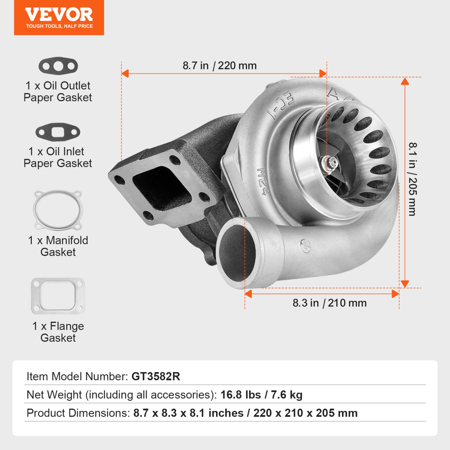VEVOR Turbo Turbocharger with Gasket Kit, Turbo Charger Replacement for Car Engines, Compatible with 2.5L-6.0L Engine Displacements, Engine
