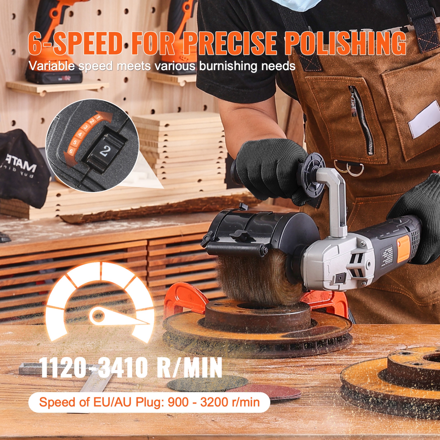 VEVOR 1300W Burnishing Polishing Machine, 6 Variable Speed Surface Conditioning Tool,Handheld Electric Metal Burnishing Machine with Steel Wire