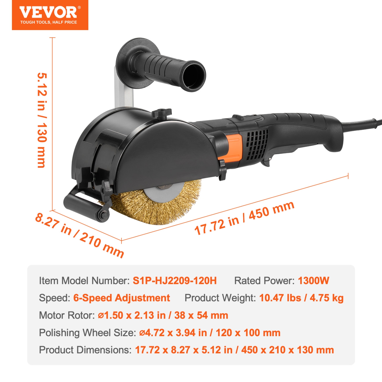 VEVOR 1300W Burnishing Polishing Machine, 6 Variable Speed Surface Conditioning Tool,Handheld Electric Metal Burnishing Machine with Steel Wire