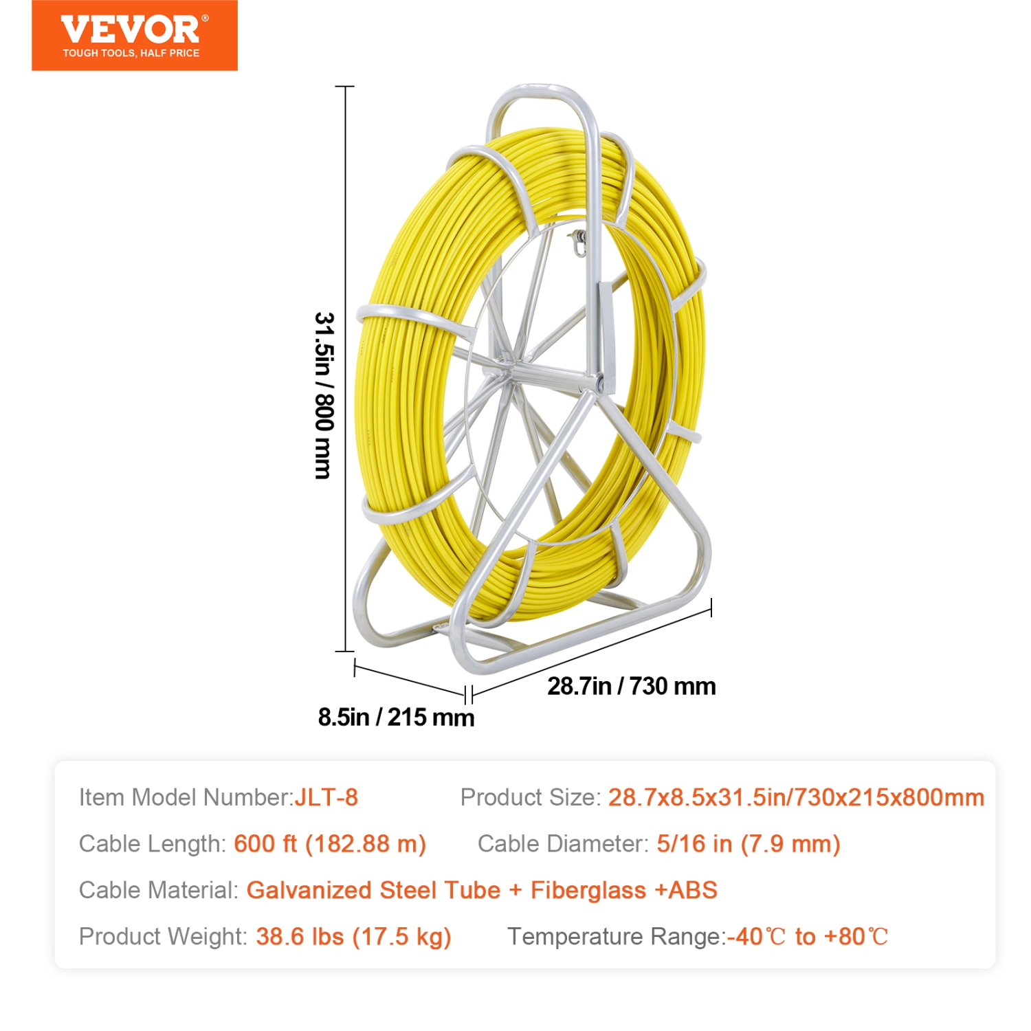 VEVOR 600 ft Fish Tape Fiberglass,5/16 in, Duct Rodder Fishtape Wire Puller, Cable Running Rod with Steel Reel Stand, 3 Pulling Heads,Fishing Tools