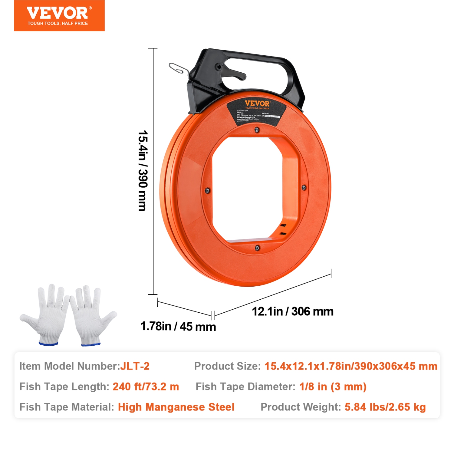 VEVOR 240-foot Fish Tape, 1/8-inch, Steel Wire Puller with Optimized Housing and Handle, Easy-to-Use Cable Puller Tool,Flexible Wire Fishing Tools