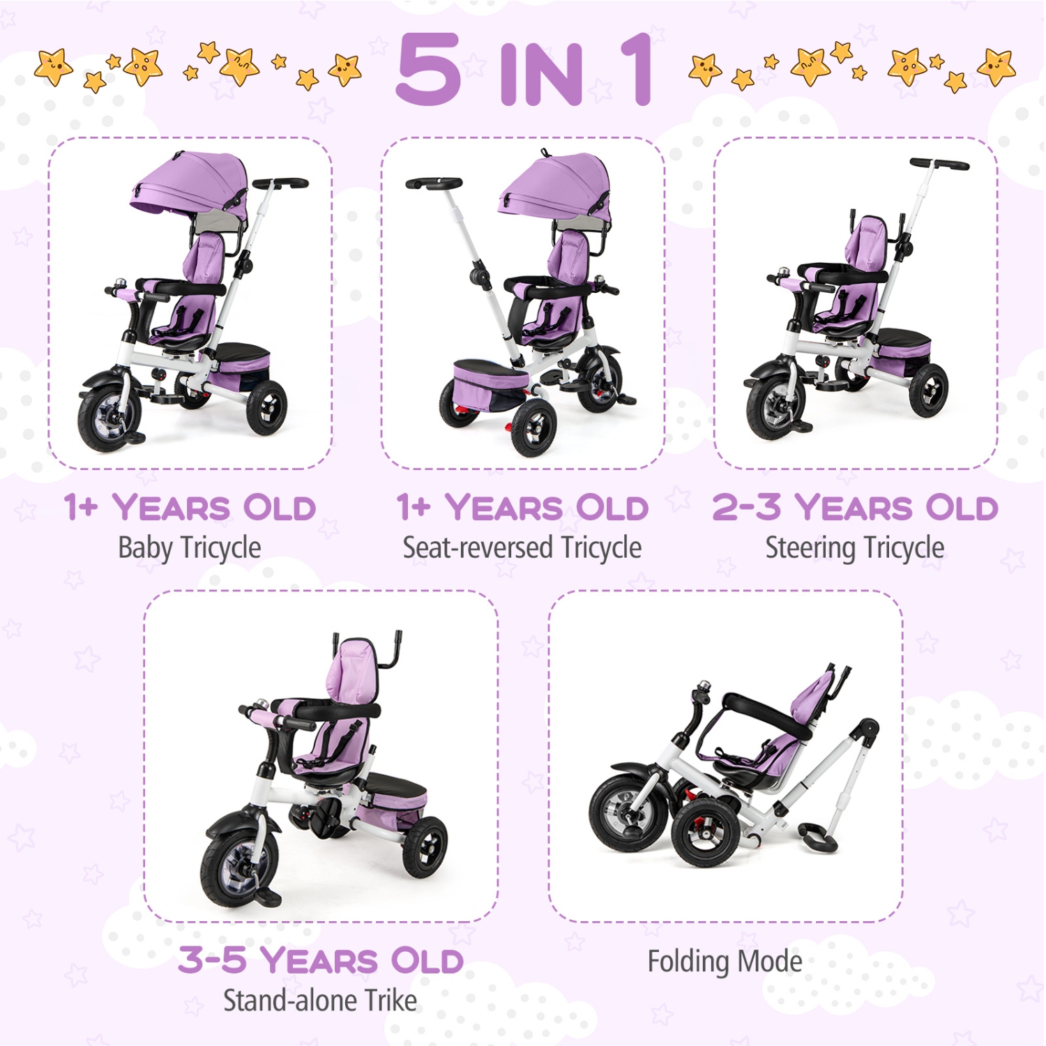 Gymax 5-in-1 Folding Trike for Toddlers 1-5 Years Old w/ Safety Harness Storage