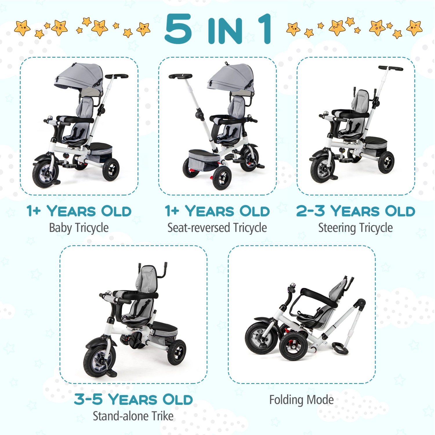 Gymax 5-in-1 Folding Trike for Toddlers 1-5 Years Old w/ Safety Harness Storage