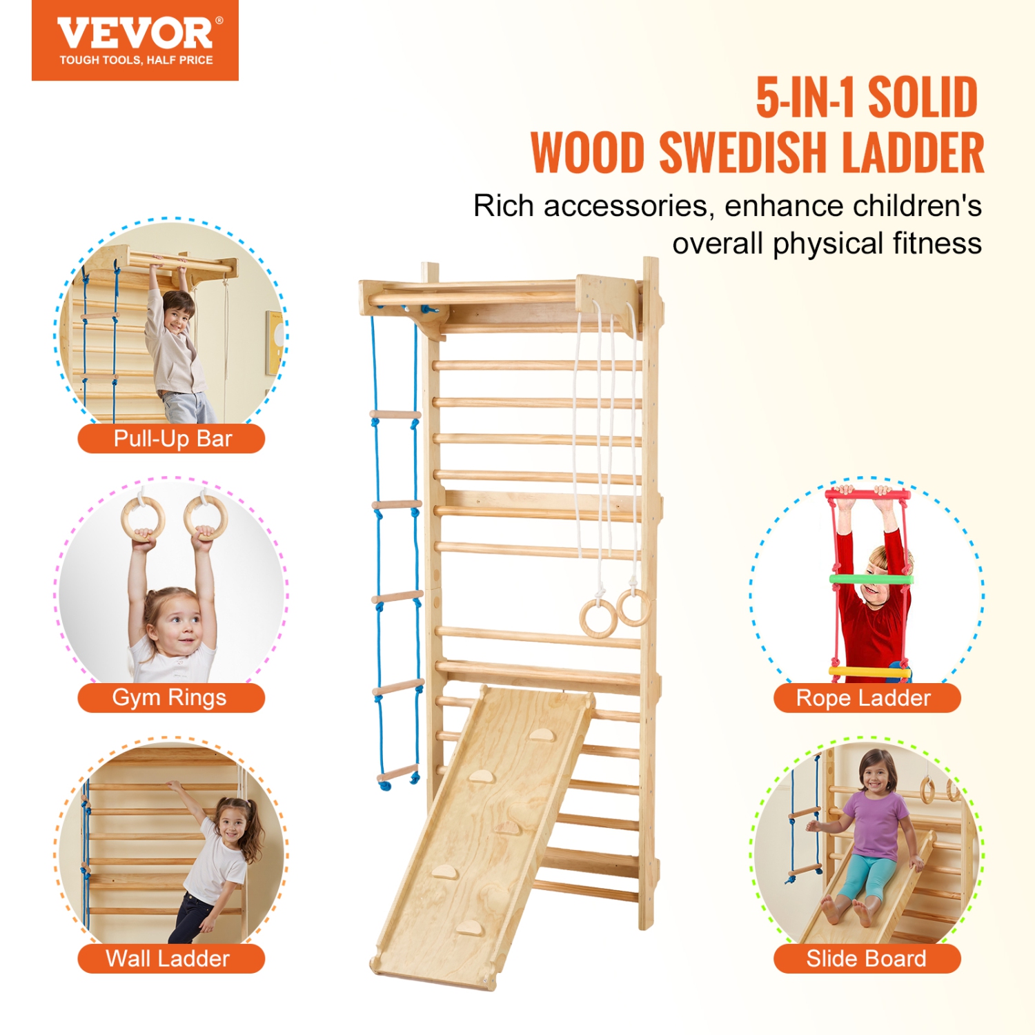 VEVOR 5 in 1 Swedish Ladder Wall Gym,Wooden Indoor Playground Climbing Toys, 220 lbs Load Capacity Swedish Wall Ladder with Pull-Up Bar, Gymnastic