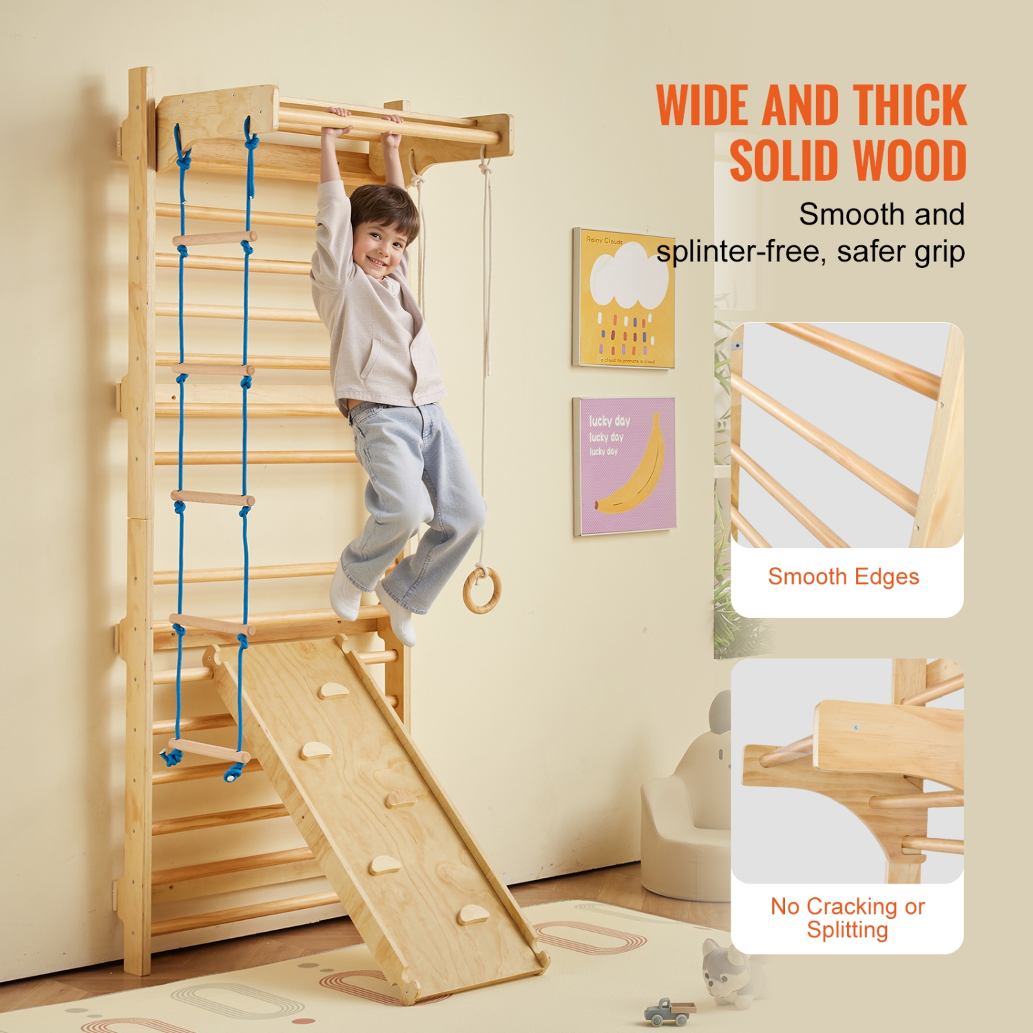 VEVOR 5 in 1 Swedish Ladder Wall Gym,Wooden Indoor Playground Climbing Toys, 220 lbs Load Capacity Swedish Wall Ladder with Pull-Up Bar, Gymnastic