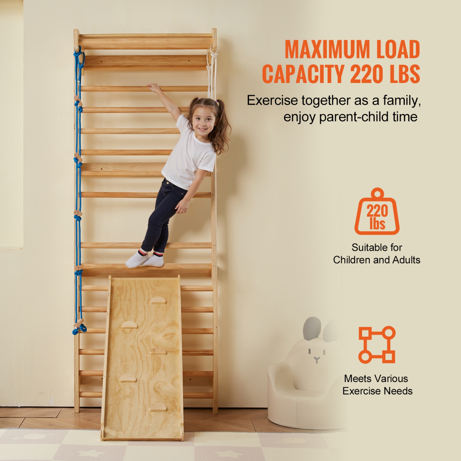 VEVOR 5 in 1 Swedish Ladder Wall Gym,Wooden Indoor Playground Climbing Toys, 220 lbs Load Capacity Swedish Wall Ladder with Pull-Up Bar, Gymnastic