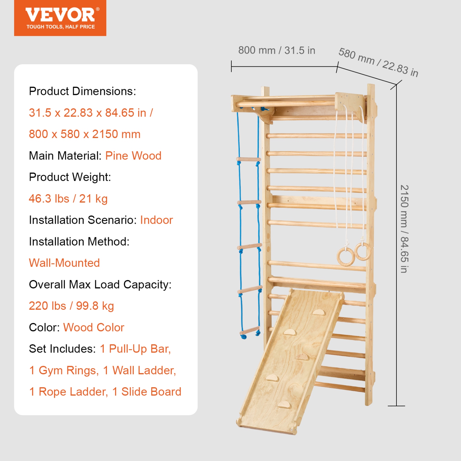 VEVOR 5 in 1 Swedish Ladder Wall Gym,Wooden Indoor Playground Climbing Toys, 220 lbs Load Capacity Swedish Wall Ladder with Pull-Up Bar, Gymnastic