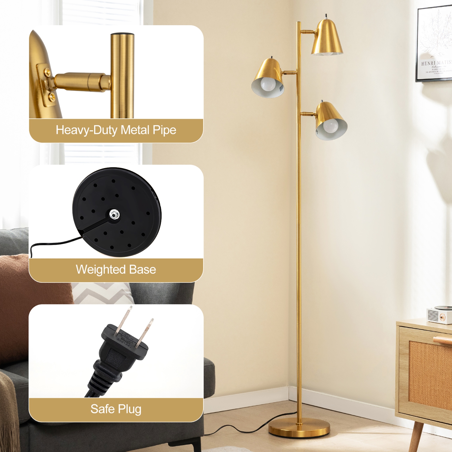 Gymax 3-Bulb Floor Lamp Standing Tall Tree Lamp w/ 3 E26 A19 Bulbs Golden