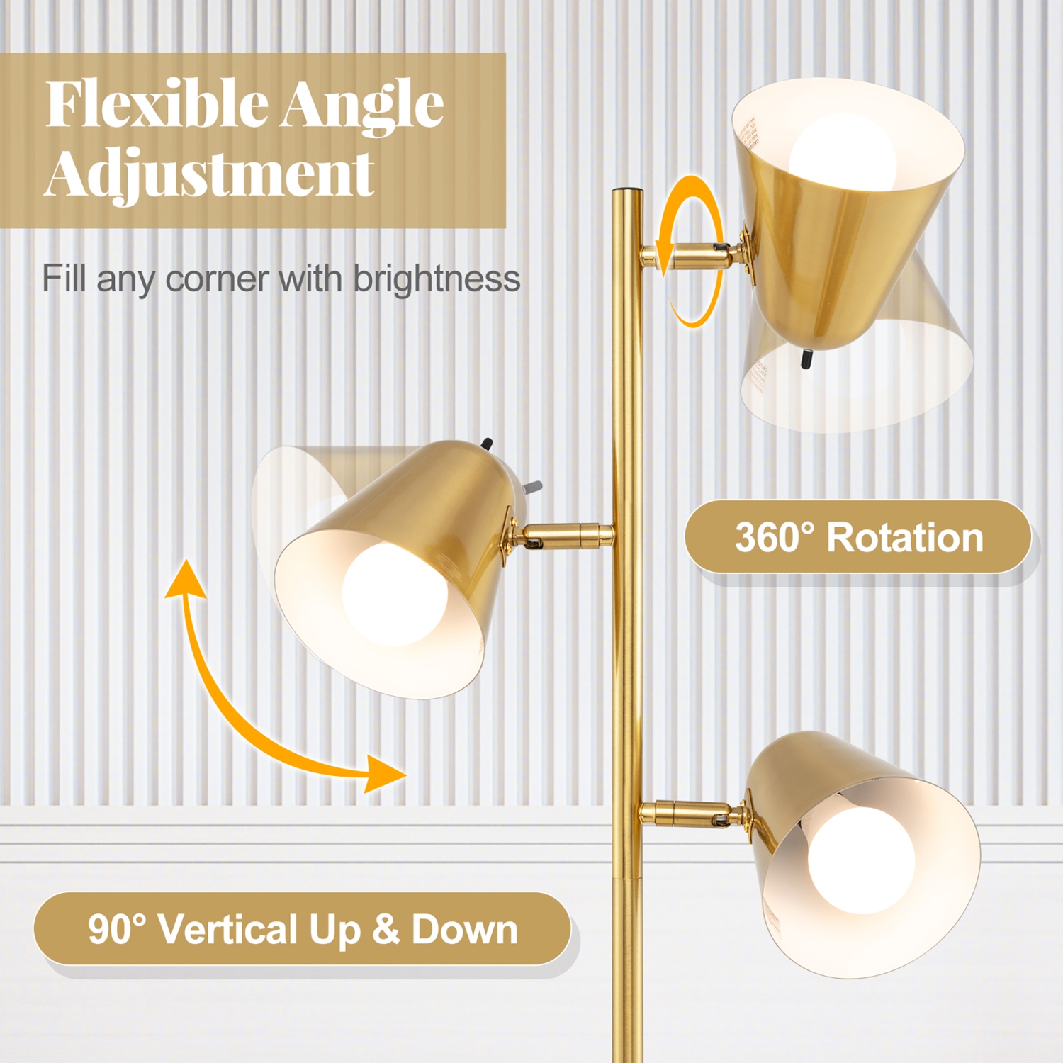 Gymax 3-Bulb Floor Lamp Standing Tall Tree Lamp w/ 3 E26 A19 Bulbs Golden