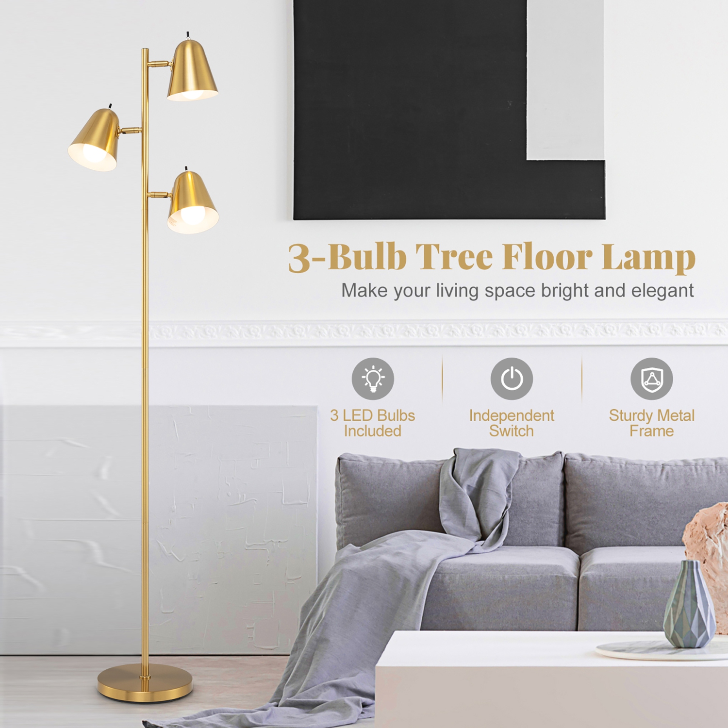 Gymax 3-Bulb Floor Lamp Standing Tall Tree Lamp w/ 3 E26 A19 Bulbs Golden