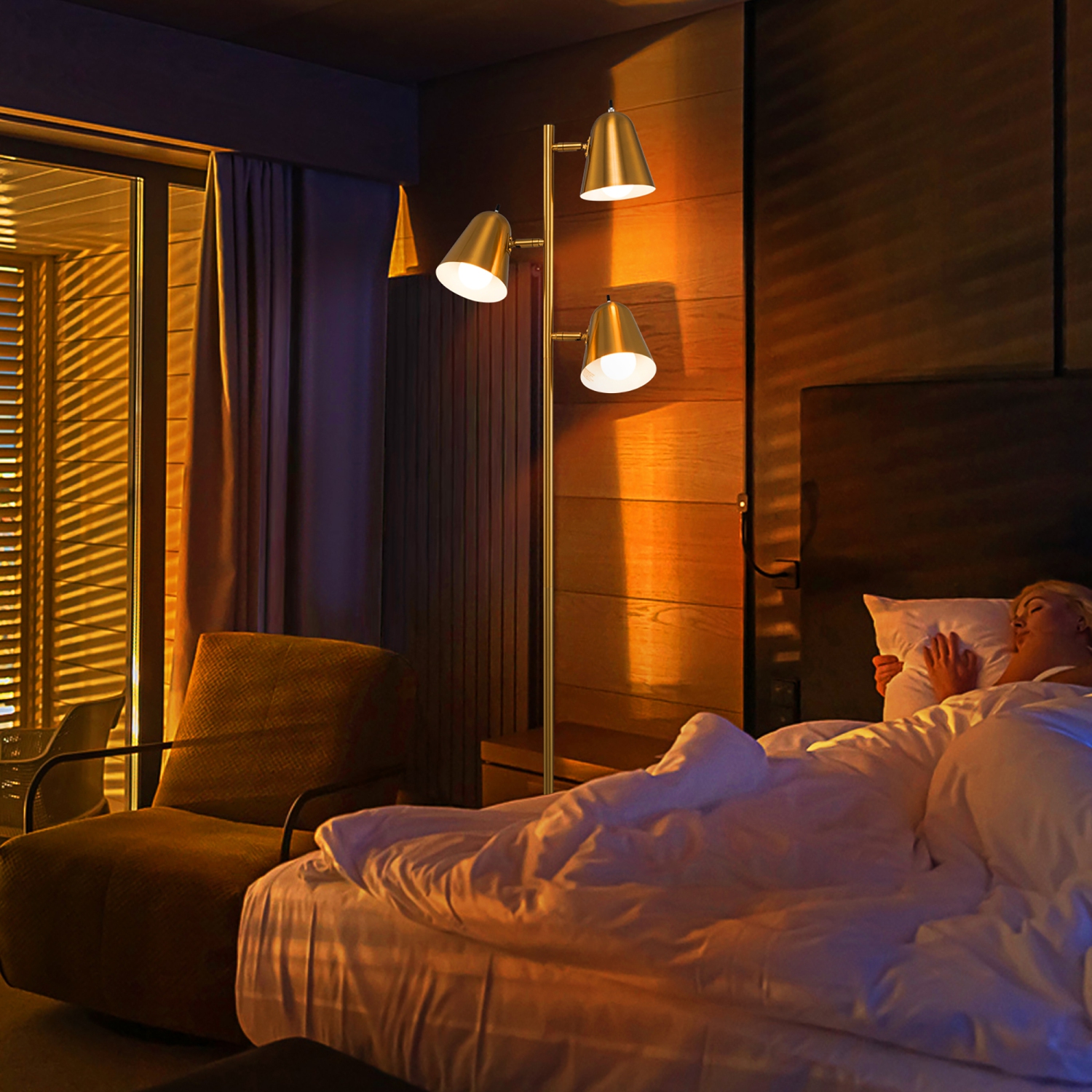 Gymax 3-Bulb Floor Lamp Standing Tall Tree Lamp w/ 3 E26 A19 Bulbs Golden