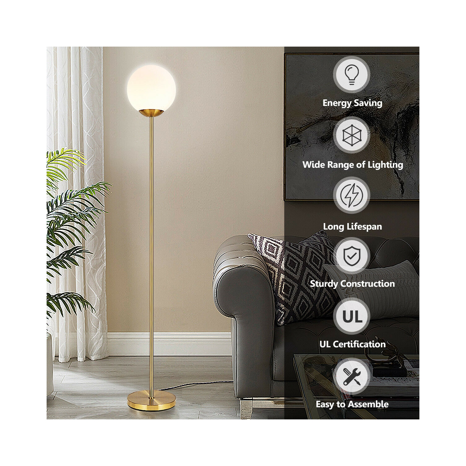 Gymax 67'' Frosted Glass Globe Floor Lamp w/ 9W LED Bulb for Living Room Bedroom Office
