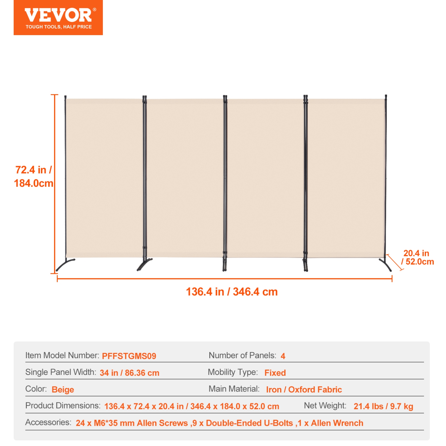 VEVOR 4 Panels Room Divider, Room Divider, Folding Privacy Screen and Portable Partition Divider for Room Separation, Freestanding Room Partitions
