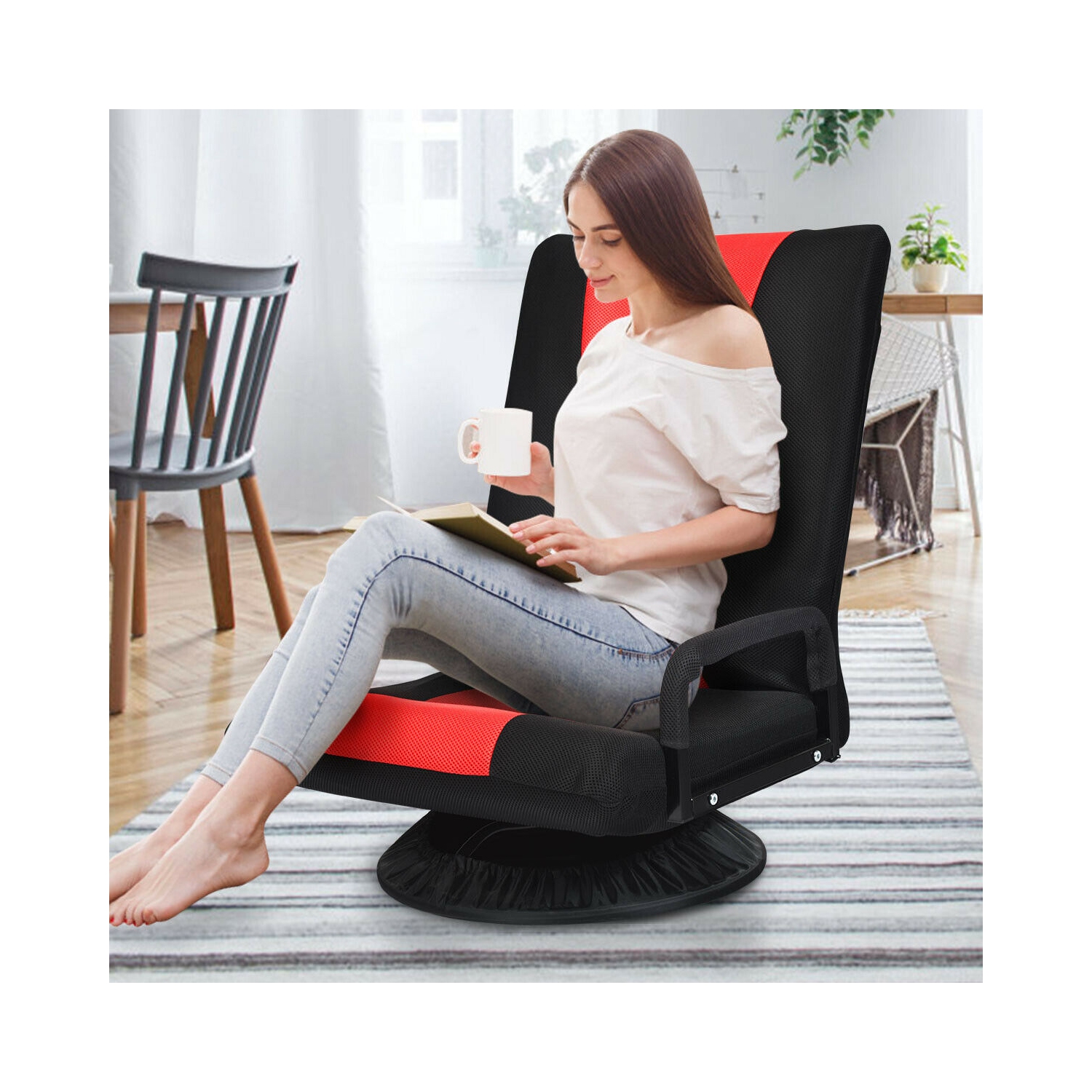 Gymax Gaming Floor Chair Folding Lazy Sofa 6-Position Adjustable Swivel w/Armrest