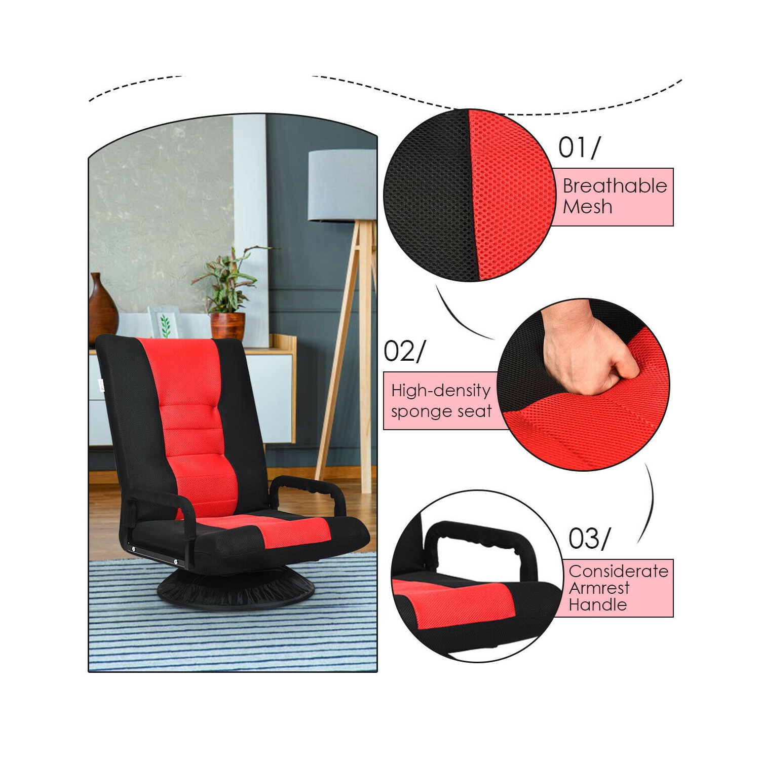 Gymax Gaming Floor Chair Folding Lazy Sofa 6-Position Adjustable Swivel w/Armrest