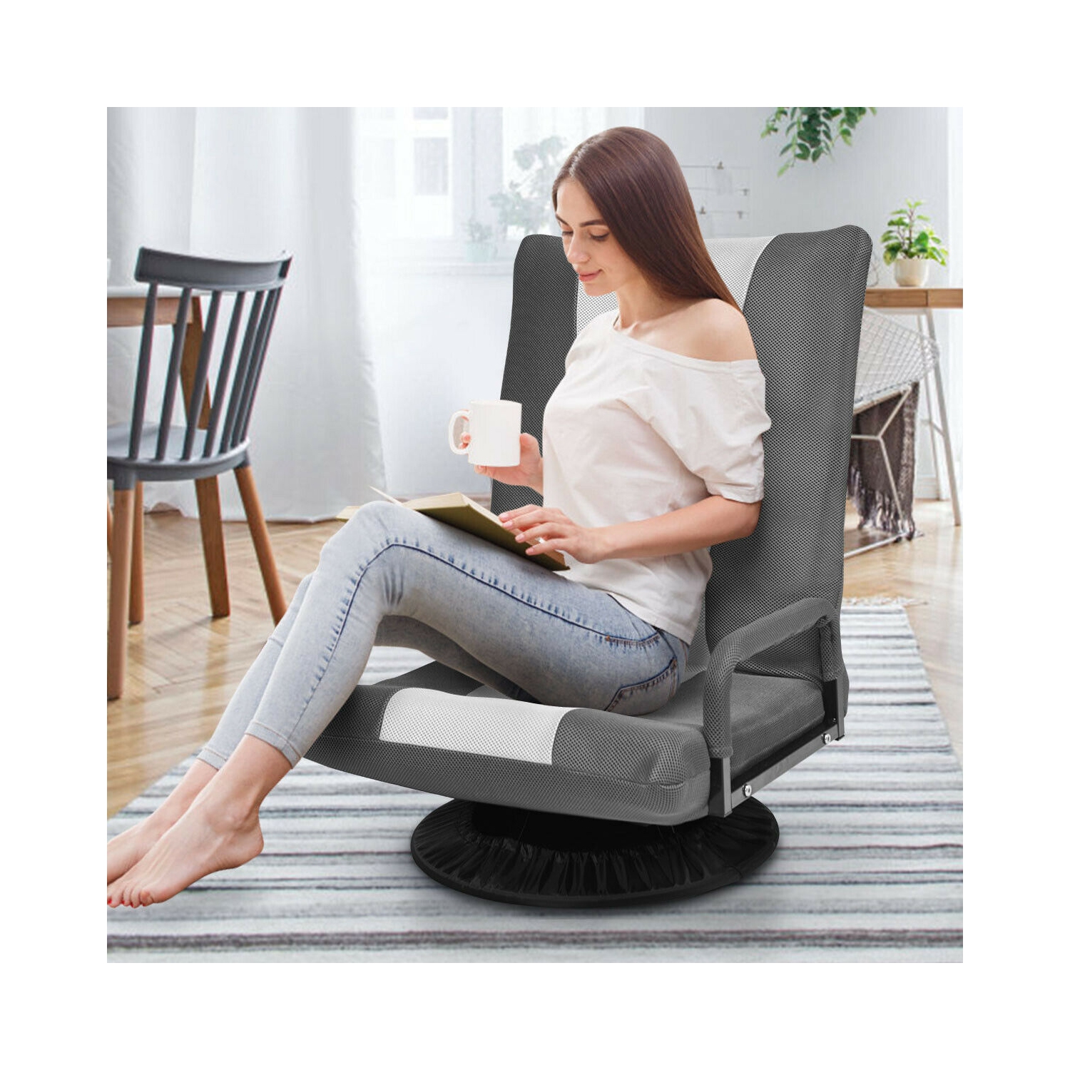 Gymax Gaming Floor Chair Folding Lazy Sofa 6-Position Adjustable Swivel w/Armrest