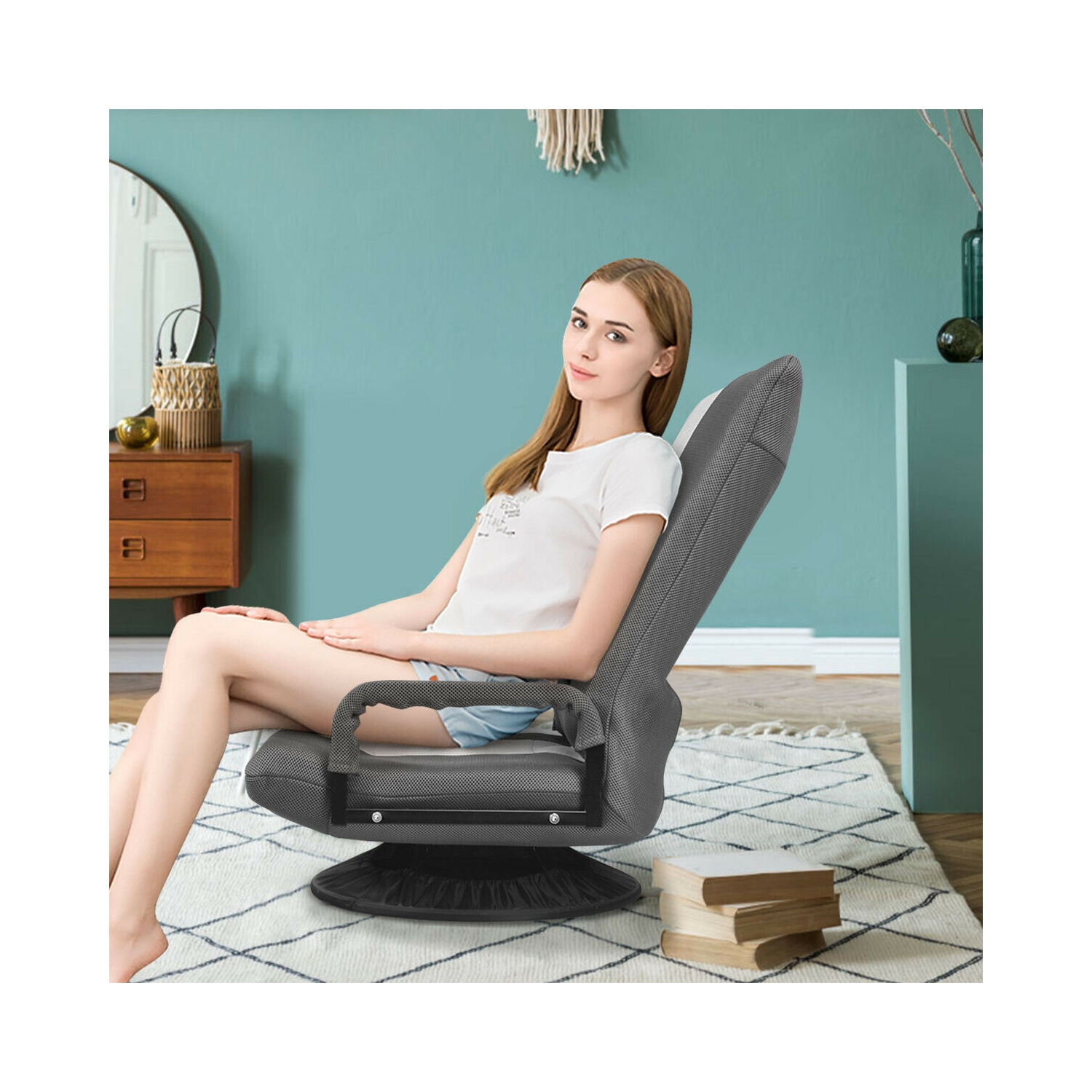 Gymax Gaming Floor Chair Folding Lazy Sofa 6-Position Adjustable Swivel w/Armrest