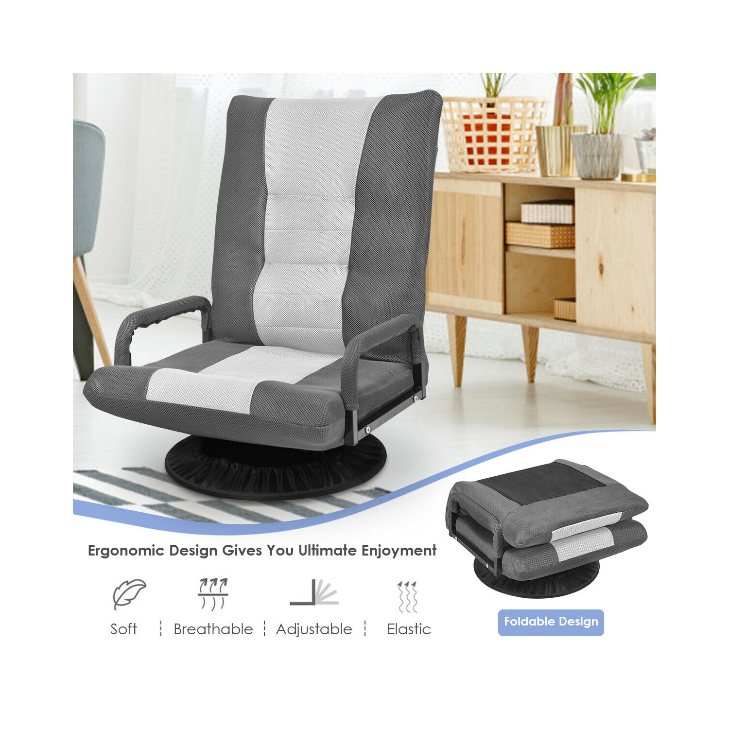 Gymax Gaming Floor Chair Folding Lazy Sofa 6-Position Adjustable Swivel w/Armrest