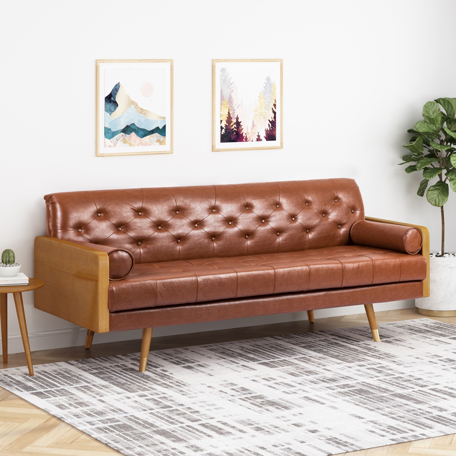 Fantasylab Adelaide Mid-Century Modern Tufted Sofa with Rolled Accent Pillows