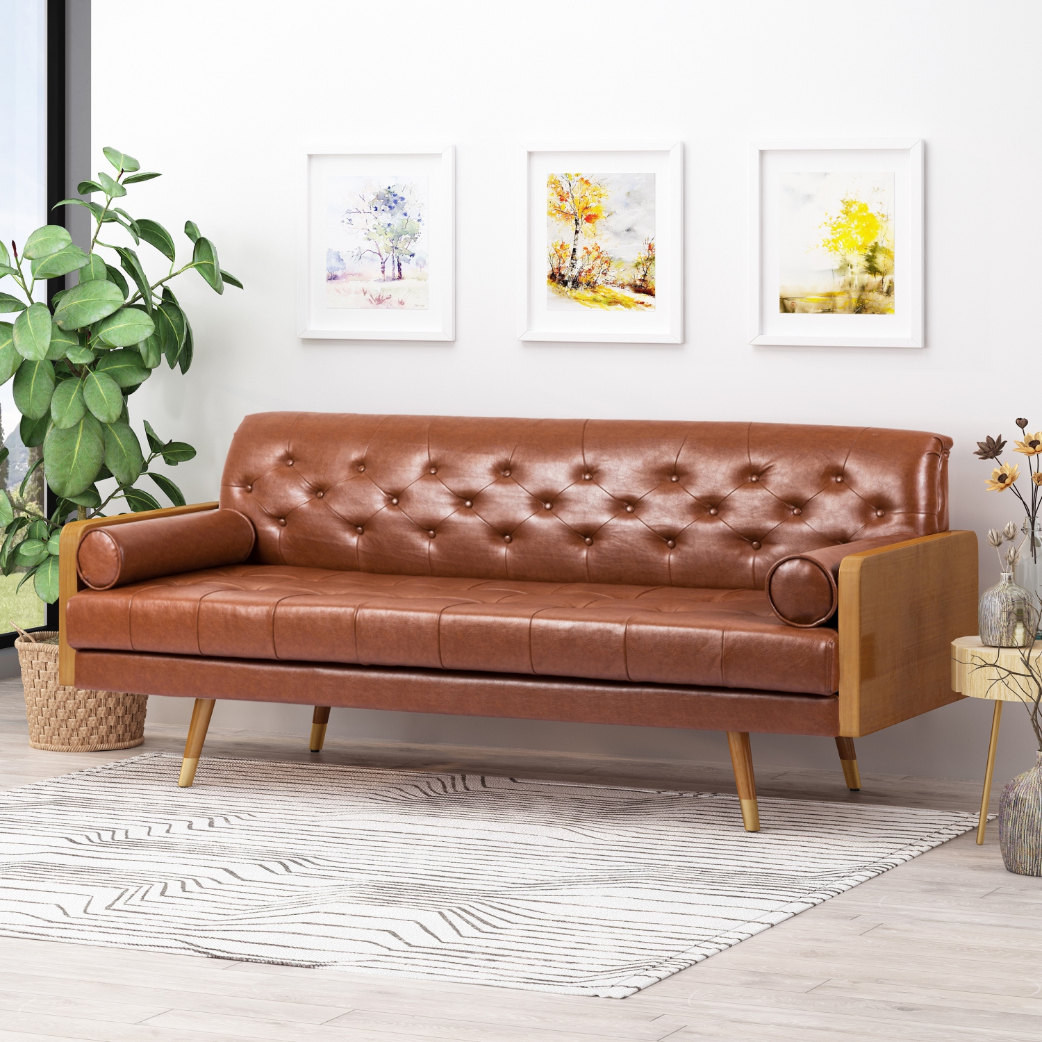 Fantasylab Adelaide Mid-Century Modern Tufted Sofa with Rolled Accent Pillows