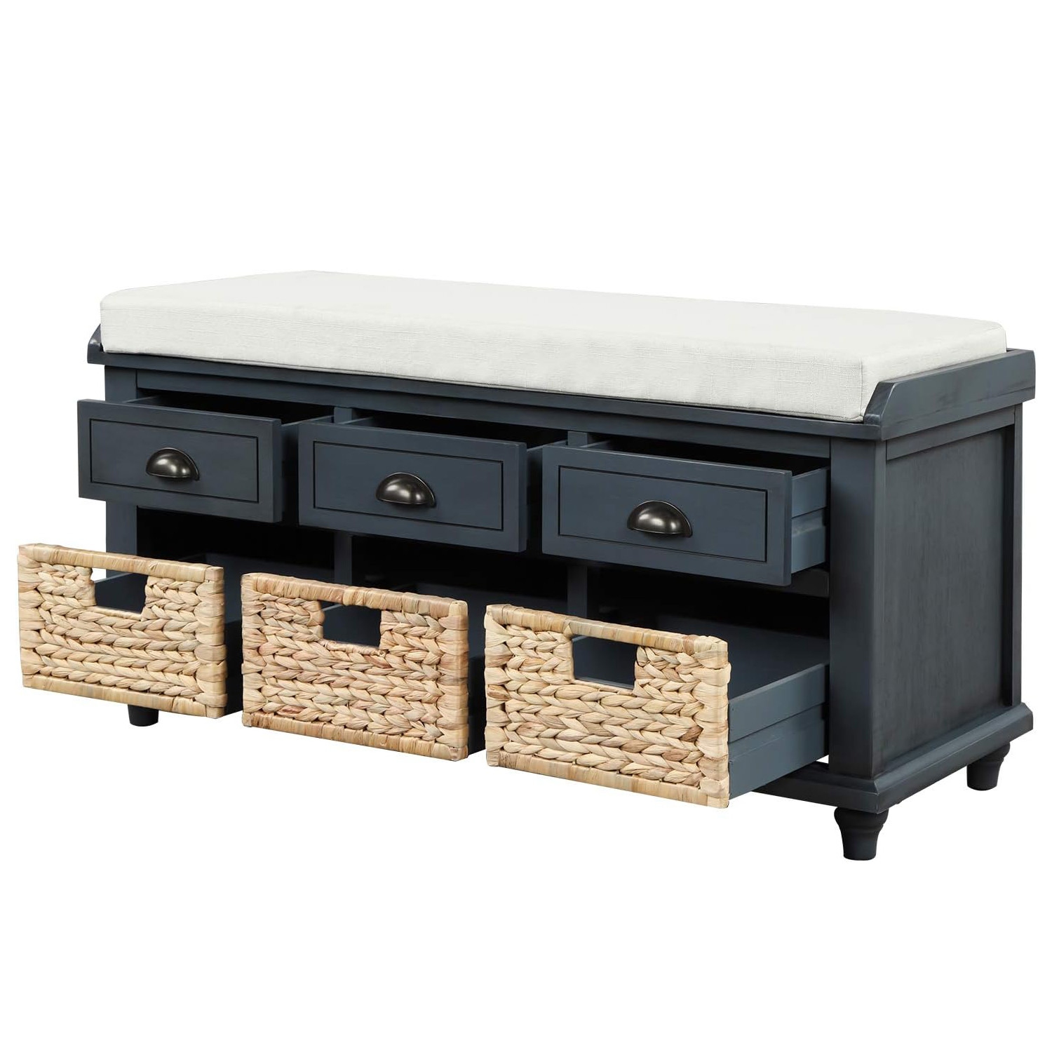 Fantasylab Rustic Storage Bench with 3 Drawers and 3 Rattan Baskets, Shoe Bench for Living Room, Entryway, Antique Navy