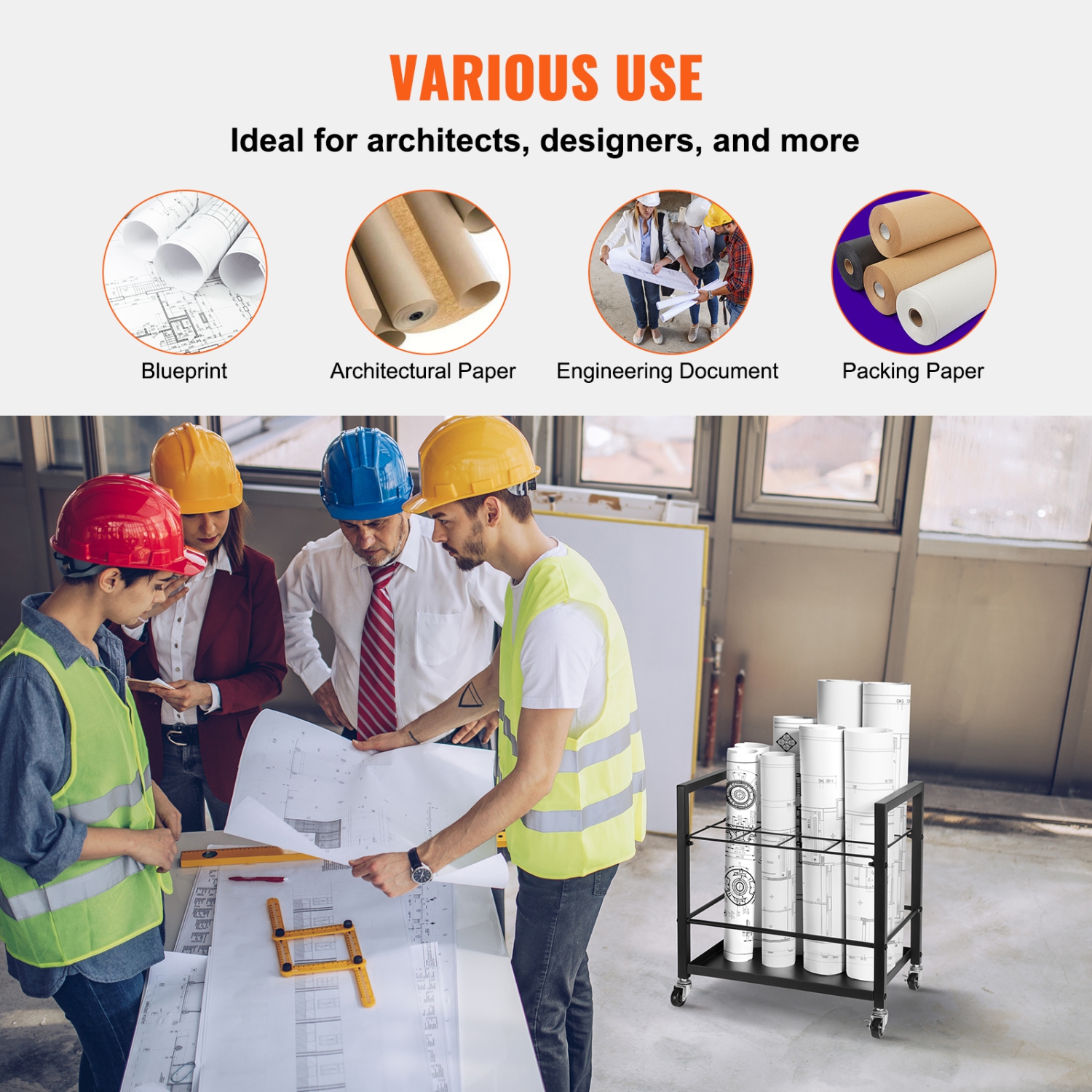 Étagère de rangement VEVOR 12 fentes, porte-plan avec roulettes, chariot de rangement mobile en métal pour affiche plan de construction