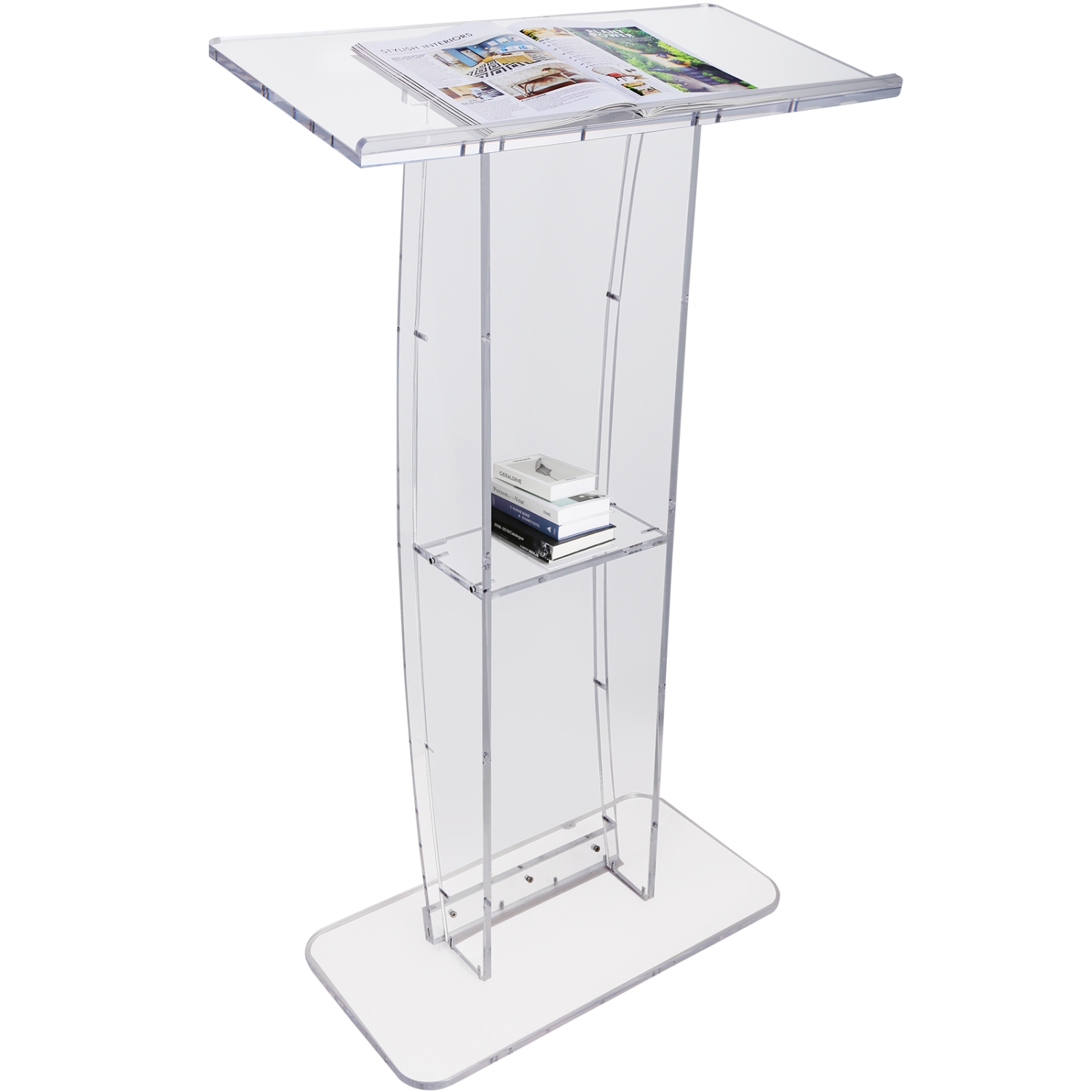 Podium en acrylique de 47&nbsp;po de haut VEVOR, poteau en acrylique transparent, grande surface de lecture et tablette de rangement, pattes